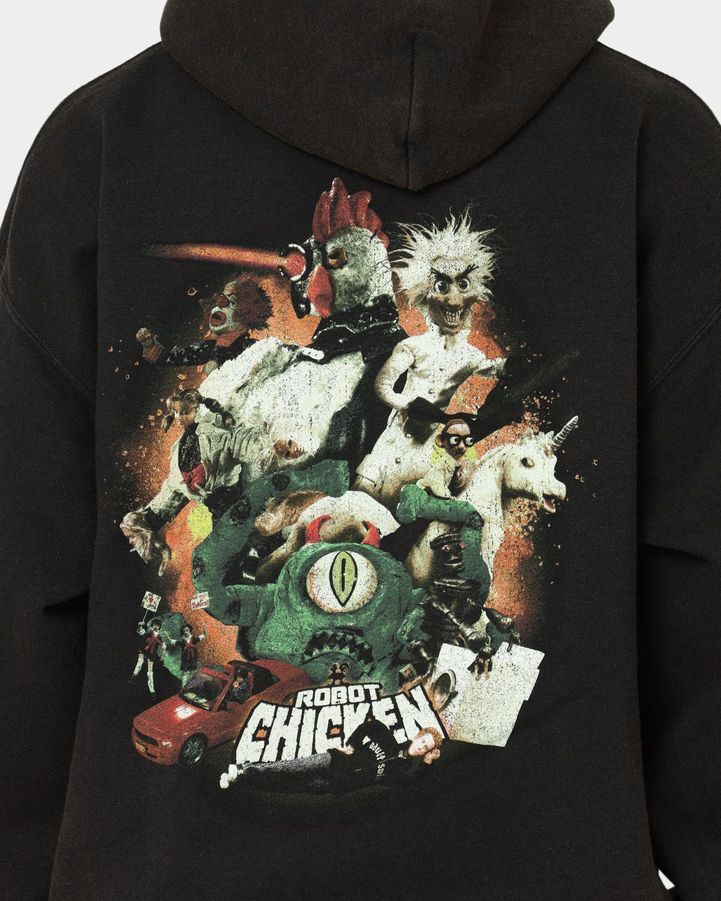 Vintage American Thrift Chicken Boom Hoodie - Black Distressed Wash - Retro Streetwear for Men & Women - Perfect for Casual Outfits, Urban Fashion, and 90s Style Lovers