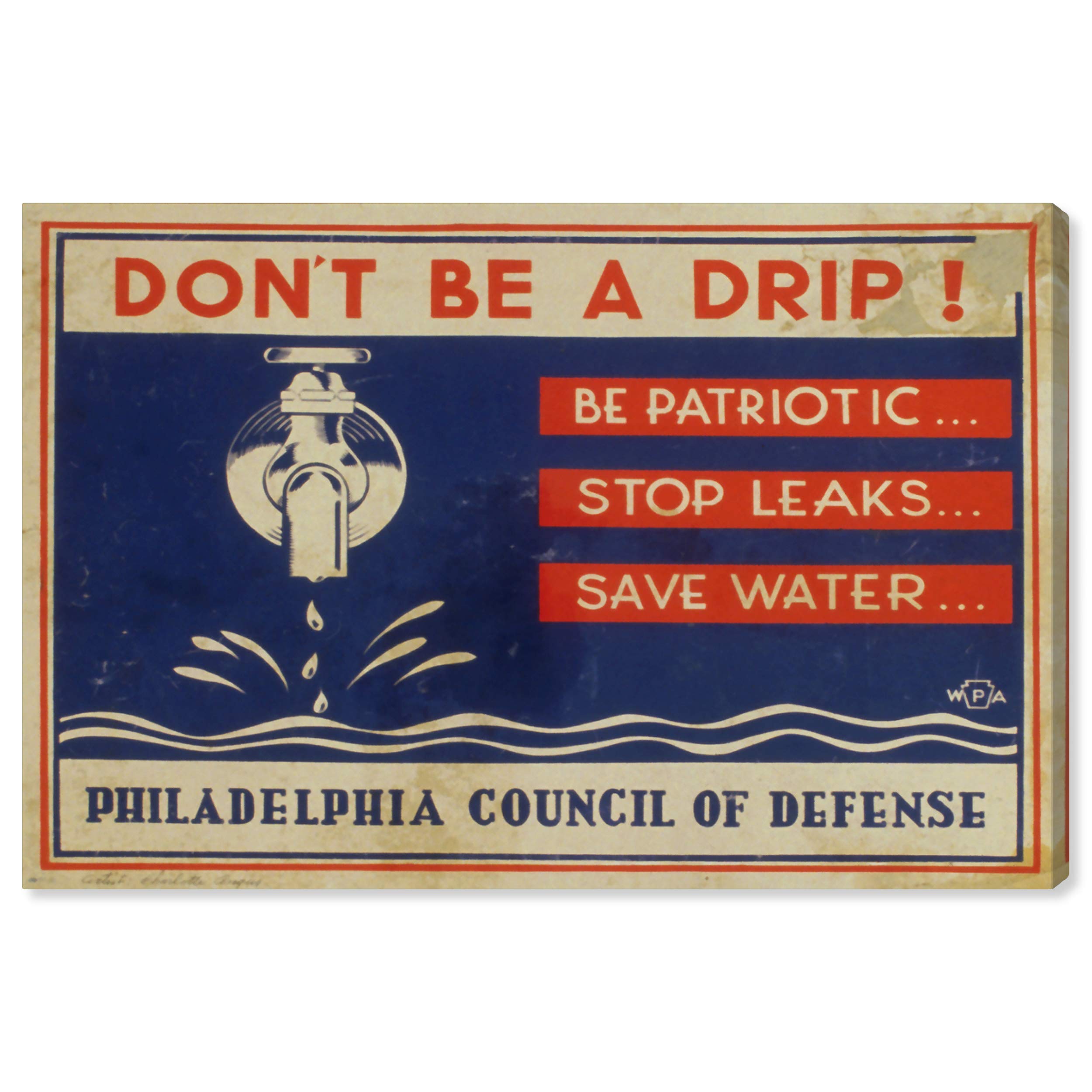 Oliver Gal Artist Co. 'Don't Be A Drip' Advertising Wall Art Canvas Print - 54x36 Inch Blue & Red Vintage Poster for Home & Office Decor - Perfect for Living Room, Bedroom or Creative Workspace