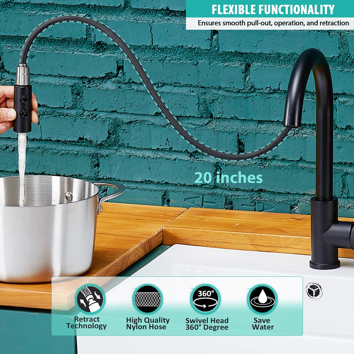 Black Kitchen Faucet with Pull Down Sprayer - Single Handle Pull Out Sink Faucet for RV, Farmhouse & Commercial Use | Durable & Stylish for Home, Restaurant & Outdoor Kitchens