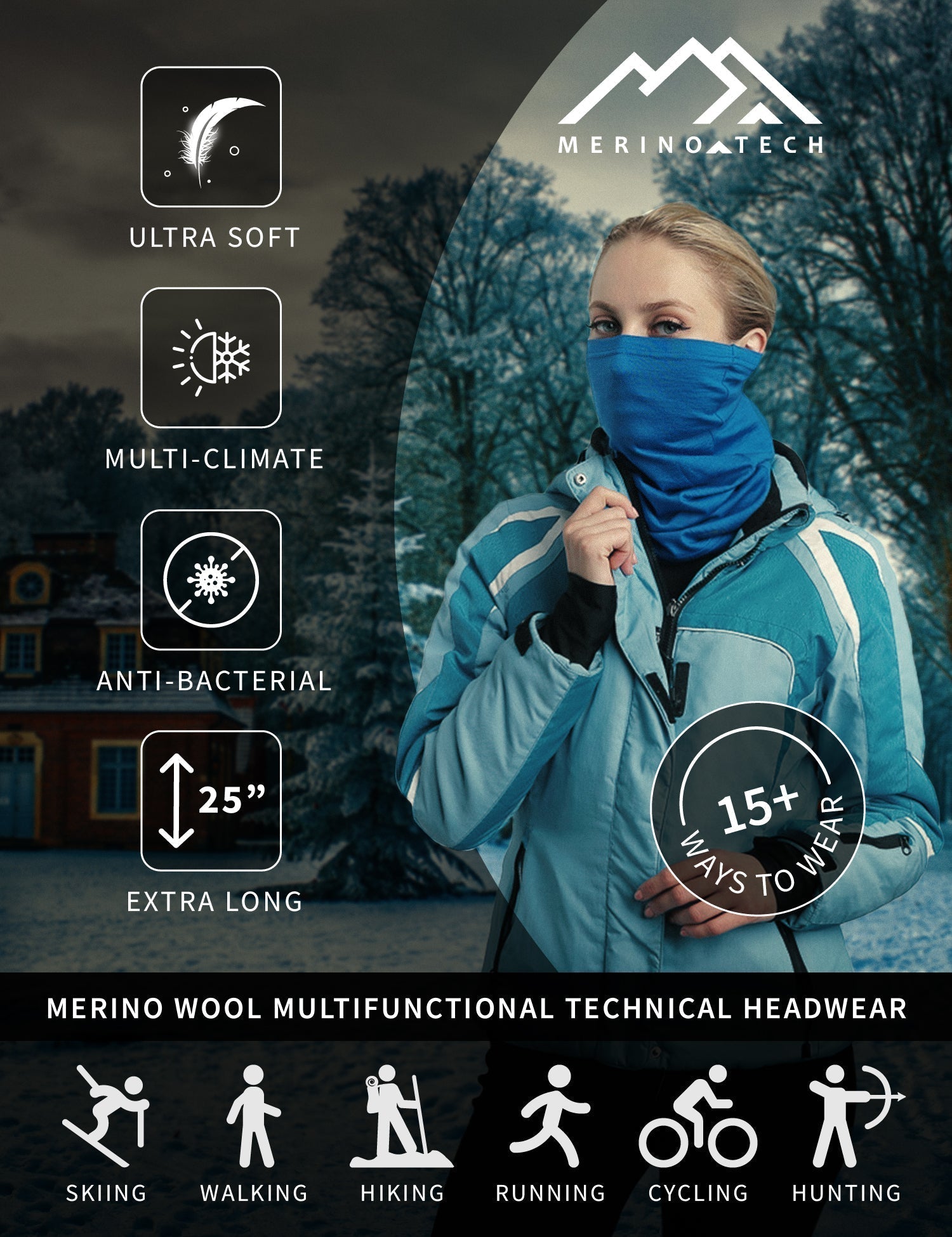 Merino Wool Neck Gaiter - Soft & Warm Winter Scarf for Men & Women - 165 Grey Shades - Perfect for Skiing, Hiking & Outdoor Activities