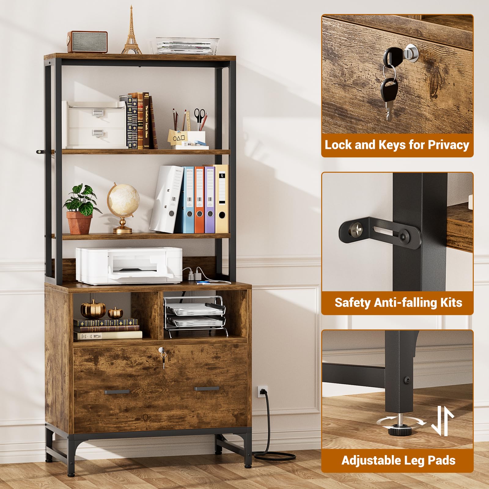 Homieasy Vertical File Cabinet with Charging Station & Lock - Rustic Brown Office Storage Cabinet for Letter/A4/Legal Size Files - Includes Large Drawer, Storage Shelves & Printer Stand - Perfect for Home Office Organization & Workspace Efficiency