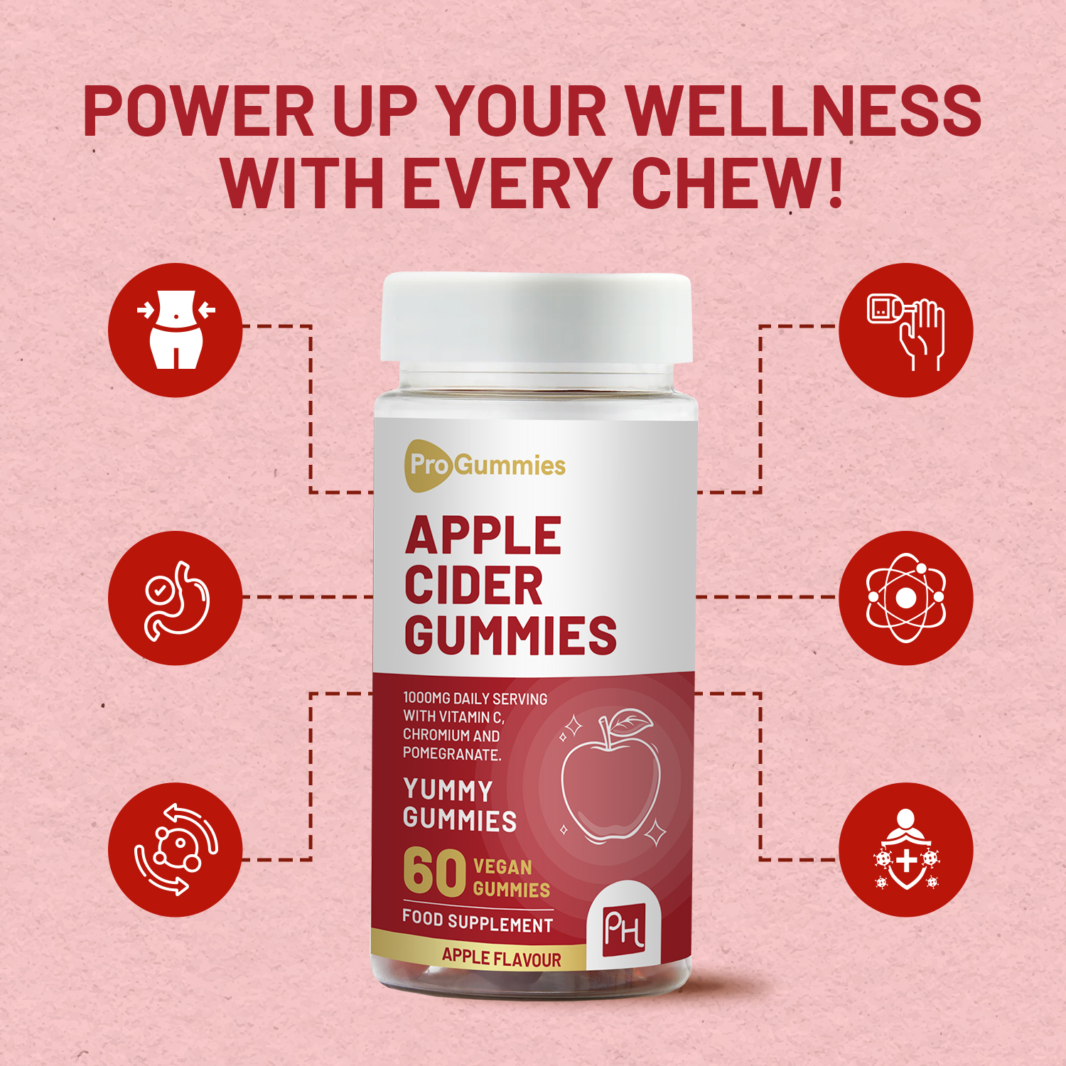Organic Vegan Apple Cider Vinegar Gummies 1000mg - Natural Apple Flavor with Vitamin C, Chromium & Pomegranate Extract - Non-GMO, Gluten & Gelatin Free Supplement by Prowise - Supports Digestion, Weight Management & Immune Health - Perfect for Daily Wellness Routine & Detox