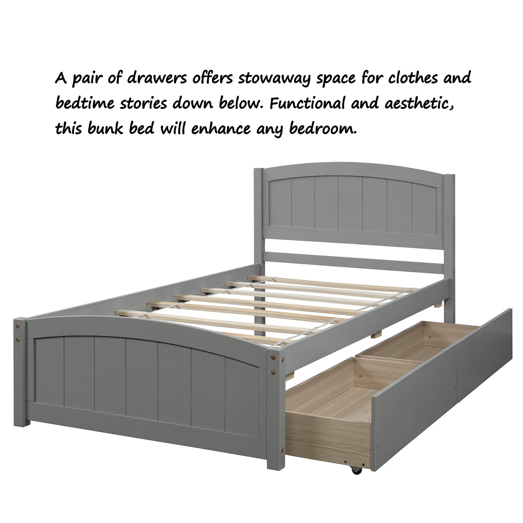 P PURLOVE Twin Size Platform Bed Frame with Headboard & 2 Storage Drawers - Modern Gray Wooden Bed for Small Spaces | Perfect for Kids, Teens & Guest Rooms