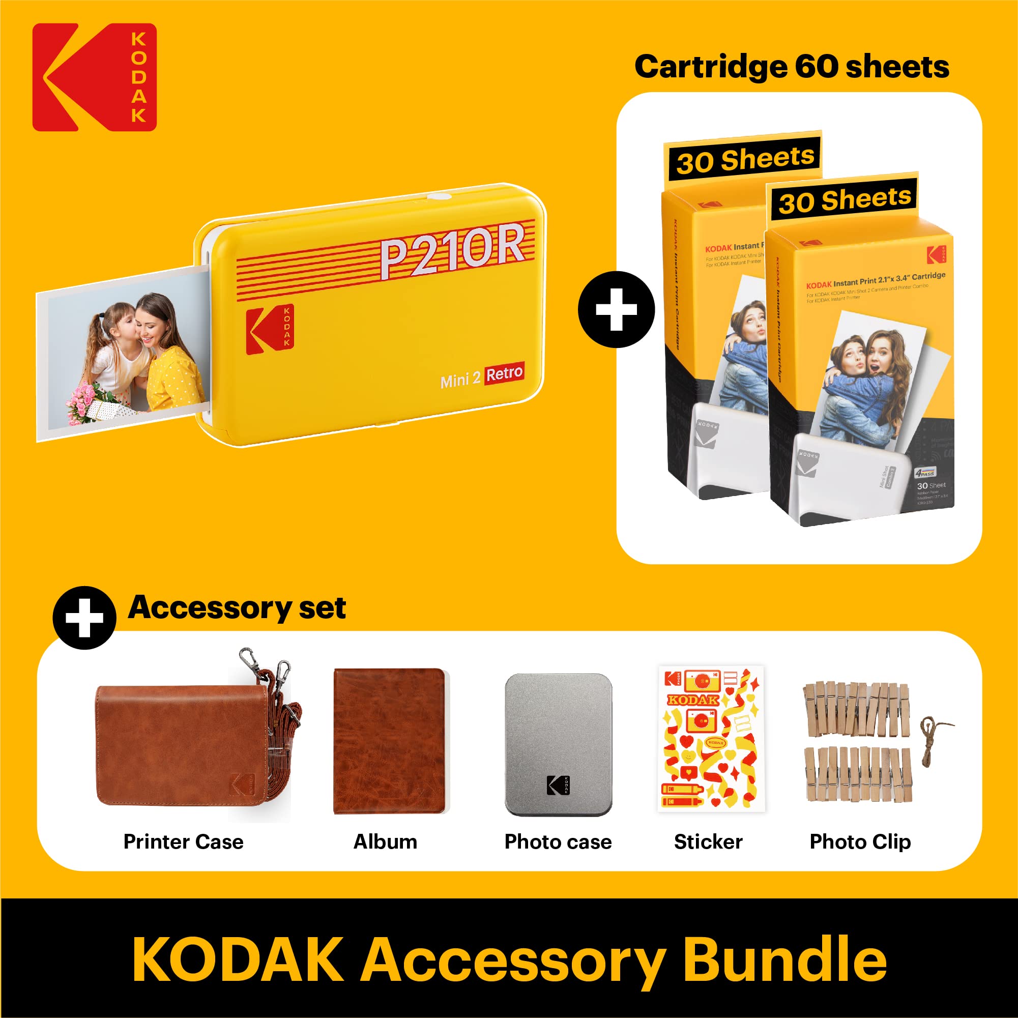 KODAK Mini 2 Retro 4PASS Instant Photo Printer - Wireless Portable 2.1x3.4 Inch Zink Printer with 8 Starter + 60 Extra Photo Papers & Gift Bundle (Yellow) - Perfect for Travel, Parties, Scrapbooking & DIY Projects