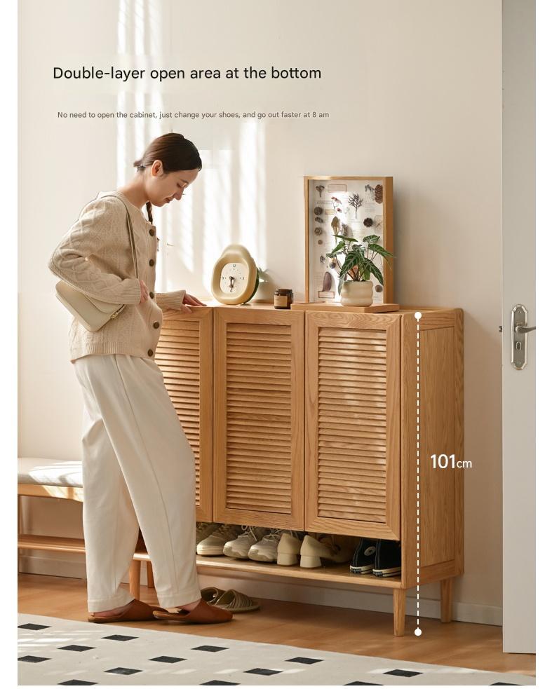 Solid Oak Wood Modern Shoe Cabinet with Storage - Stylish Entryway Organizer for Home & Office