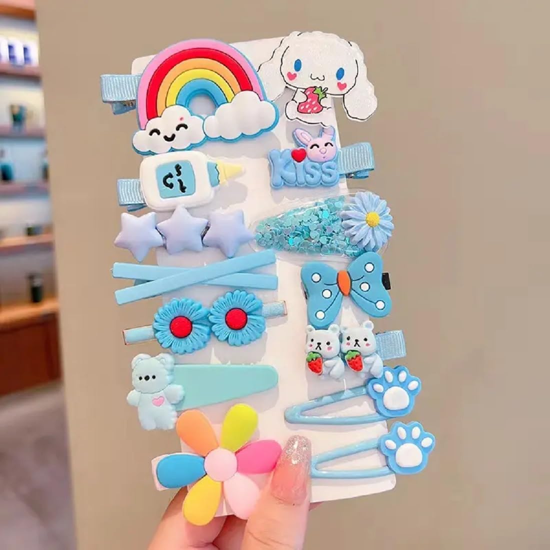 Abrish Mini Emoji Cartoon Hair Clips for Girls - Cute Animal, Fruit & Flower Design Hair Accessories with Ribbon Lining - Perfect for School, Parties & Daily Styling