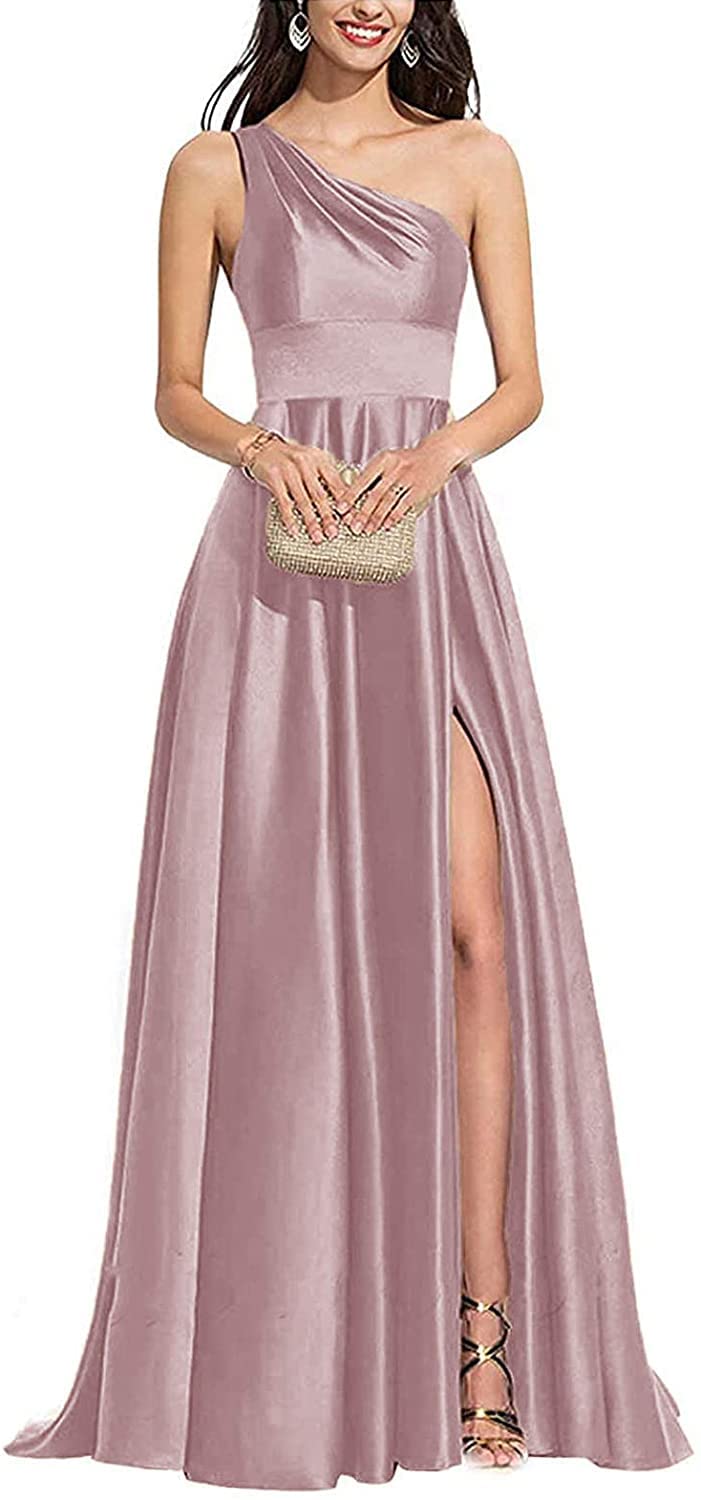 Elegant One Shoulder V-Neck Satin Bridesmaid Dress with High Slit for Women - Perfect for Weddings, Parties & Special Occasions