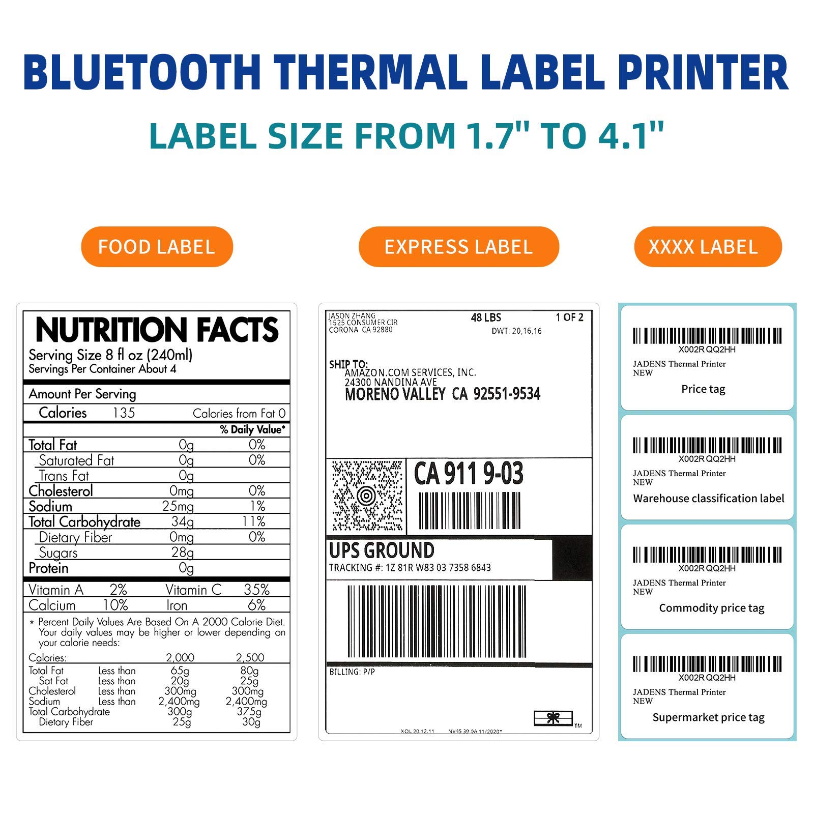 JADENS Bluetooth Thermal Shipping Label Printer - High Speed 4x6 Wireless Label Maker for Ecommerce, Compatible with Amazon, eBay, Shopify, Etsy, USPS | Works with PC, Mac, Phone via USB & Bluetooth | Perfect for Home Office, Small Business Shipping & Mailing Labels