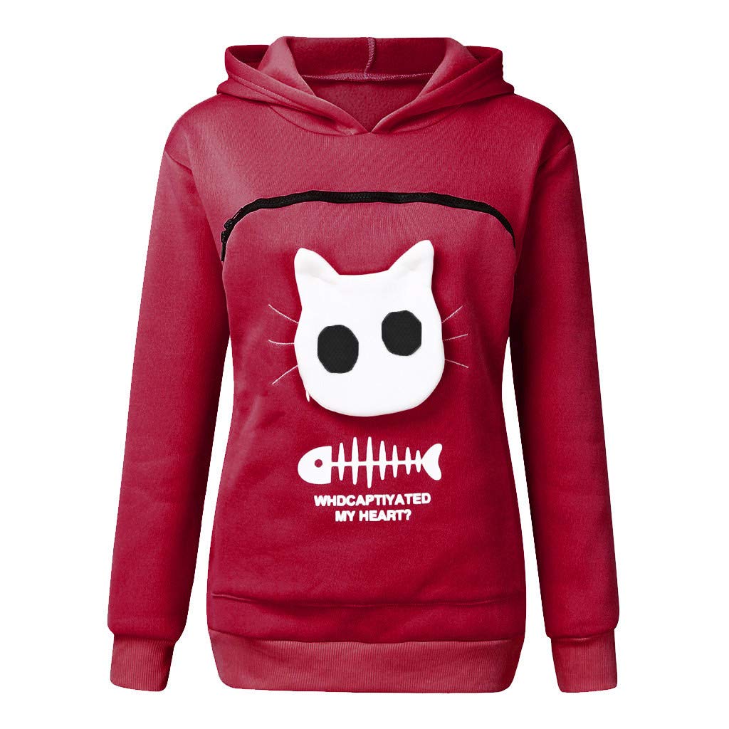 Breathable Hooded Animal Print Sweatshirt for Women - Cute Cat Pullover with Pouch Pocket - Casual Western Style Blouse for Everyday Wear & Outdoor Activities
