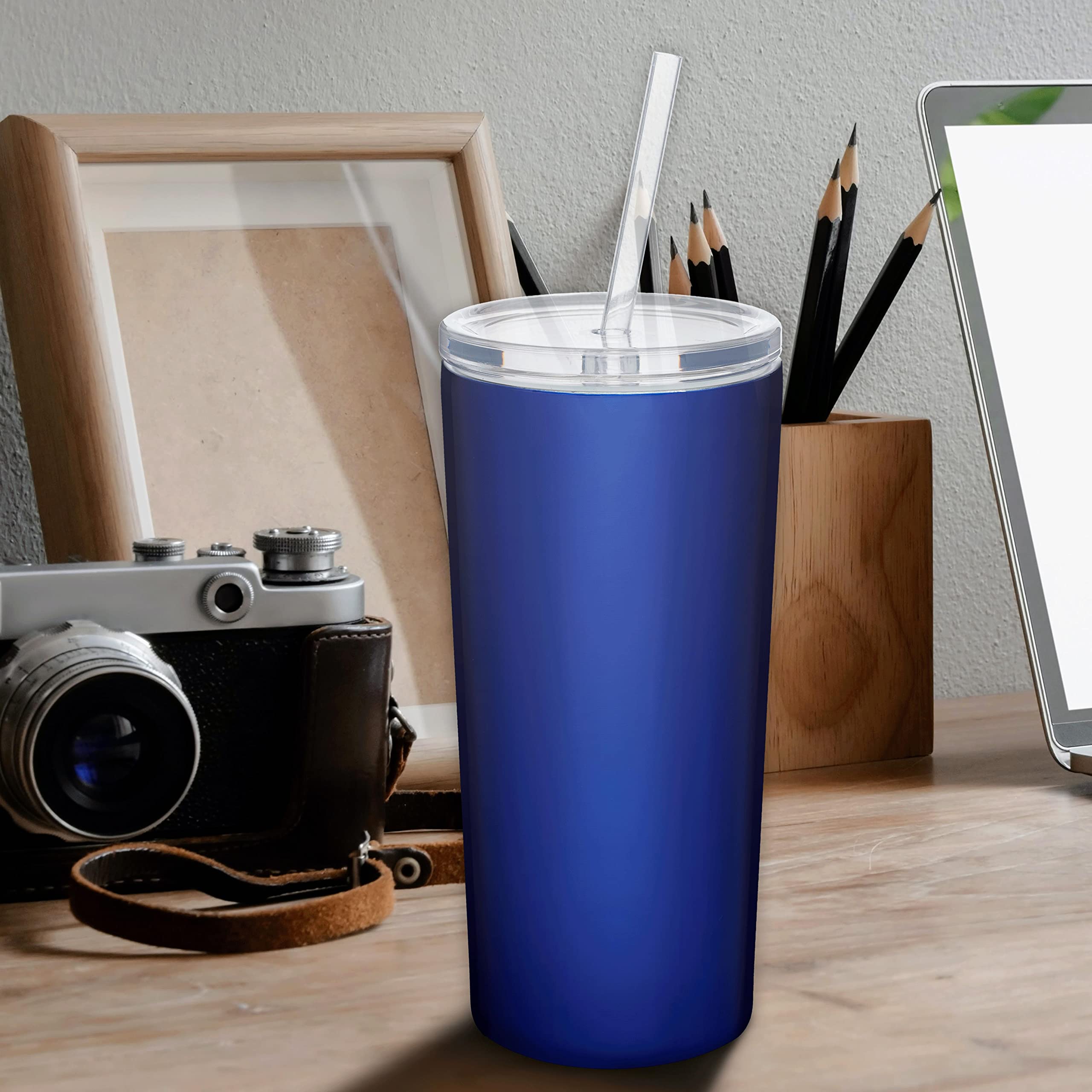 6 Pack 16oz Stainless Steel Tumblers with Straws - Double Wall Insulated, Leak-Proof Tritan Lid - Custom Engraved Text/Logo - Perfect for Office, Gym & Outdoor Activities - Blue