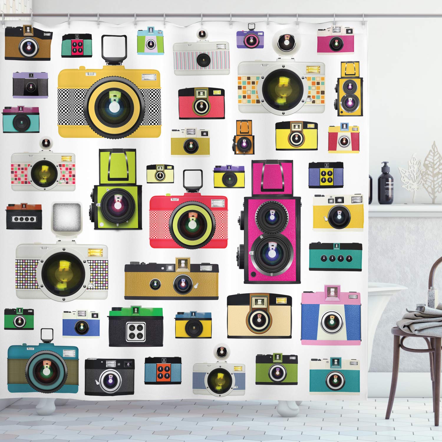 Ambesonne Vintage Shower Curtain - Old Fashioned Photo Cameras Design, 69x84 Inch Bathroom Decor with Hooks, Off White Purple Coral Fabric - Perfect for Photography Enthusiasts & Vintage Style Bathrooms