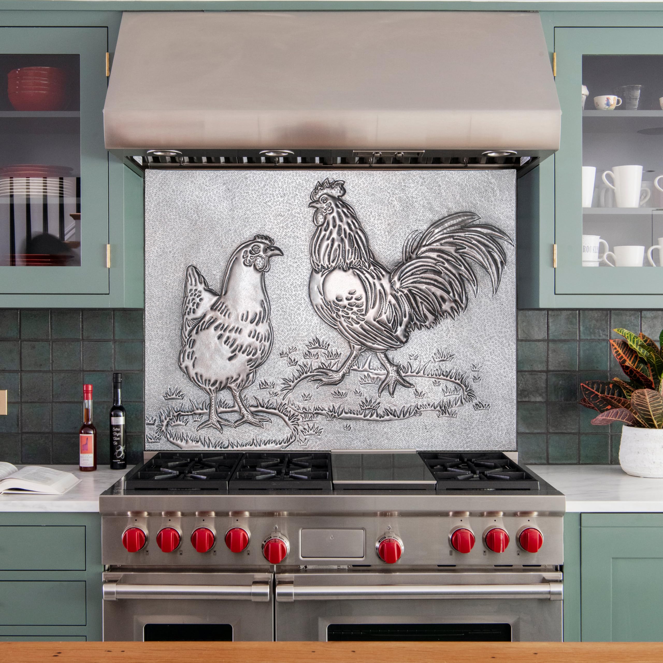 Handmade Copper Backsplash Tile - Rooster & Chicken Design - Custom Kitchen Backsplash Panel for Indoor & Outdoor Wall Decor (Gray) | Perfect for Farmhouse, Rustic, or Country Style Kitchens