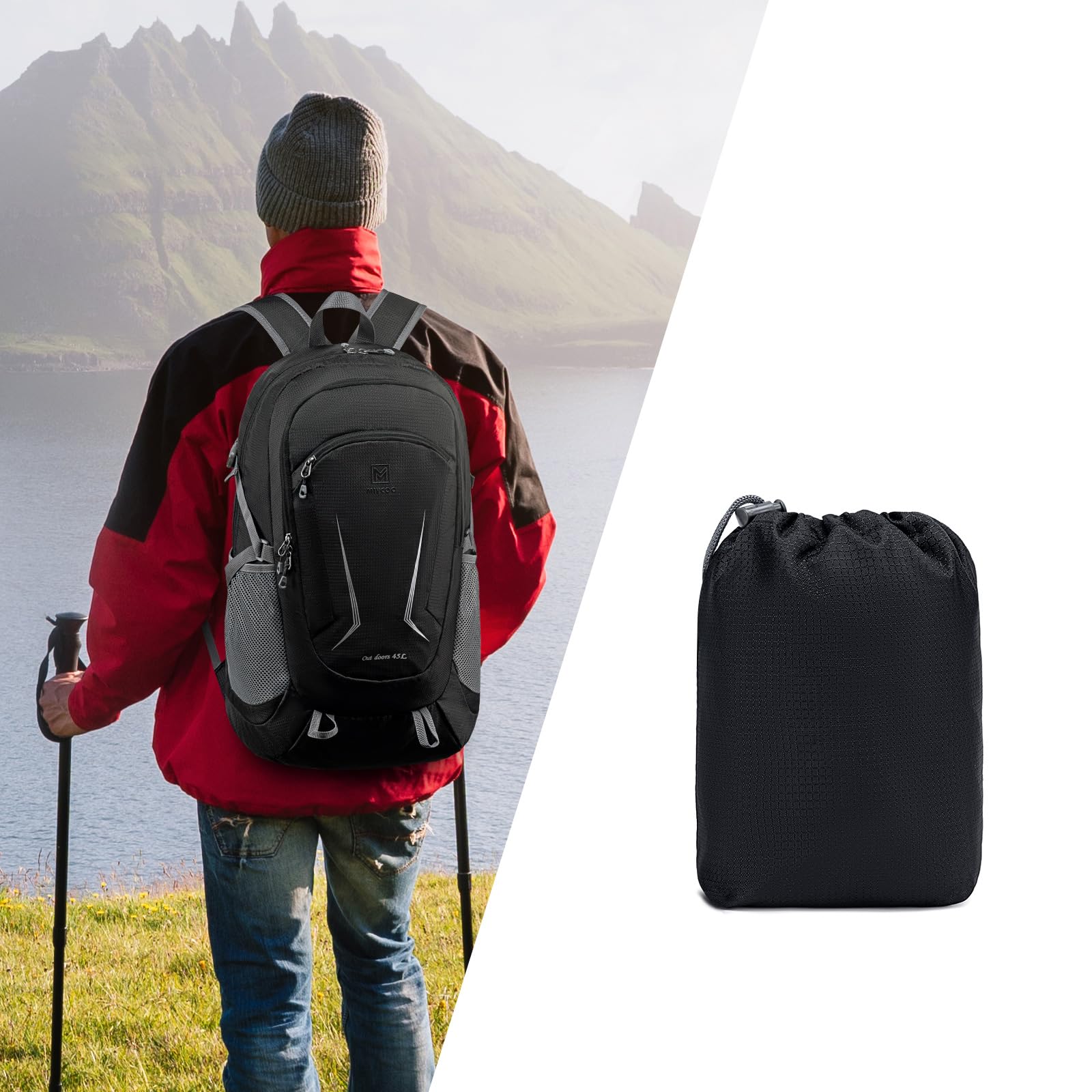 MIYCOO Ultra Lightweight 45L Packable Backpack - Waterproof Foldable Hiking Daypack for Travel, Camping & Outdoor Adventures - Perfect for Men & Women (Black)