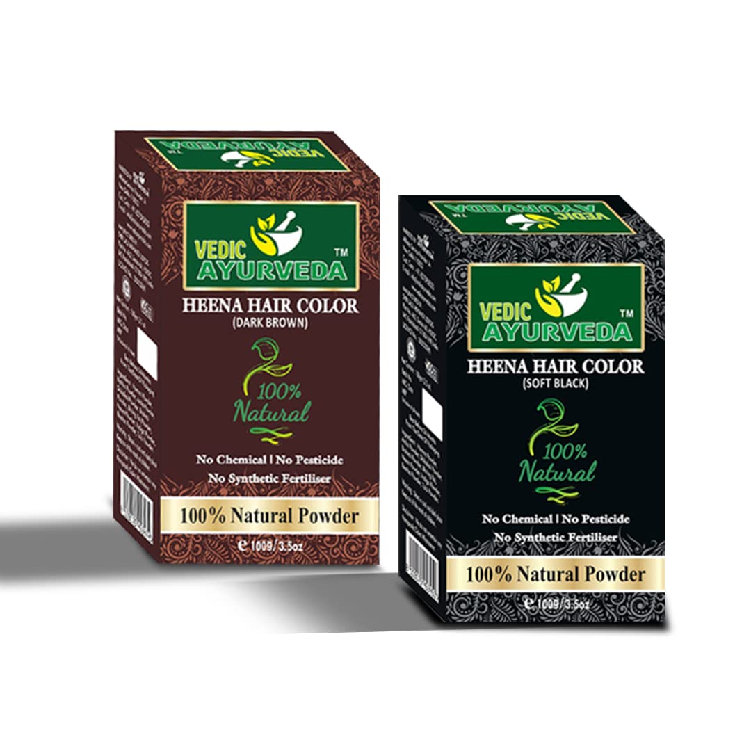 VedicAyurveda Natural Soft Black & Dark Brown Henna Hair Color Combo Pack - 100% Organic Herbal Hair Dye for Gray Coverage & Hair Conditioning | Perfect for At-Home Hair Coloring & Natural Hair Care Routine