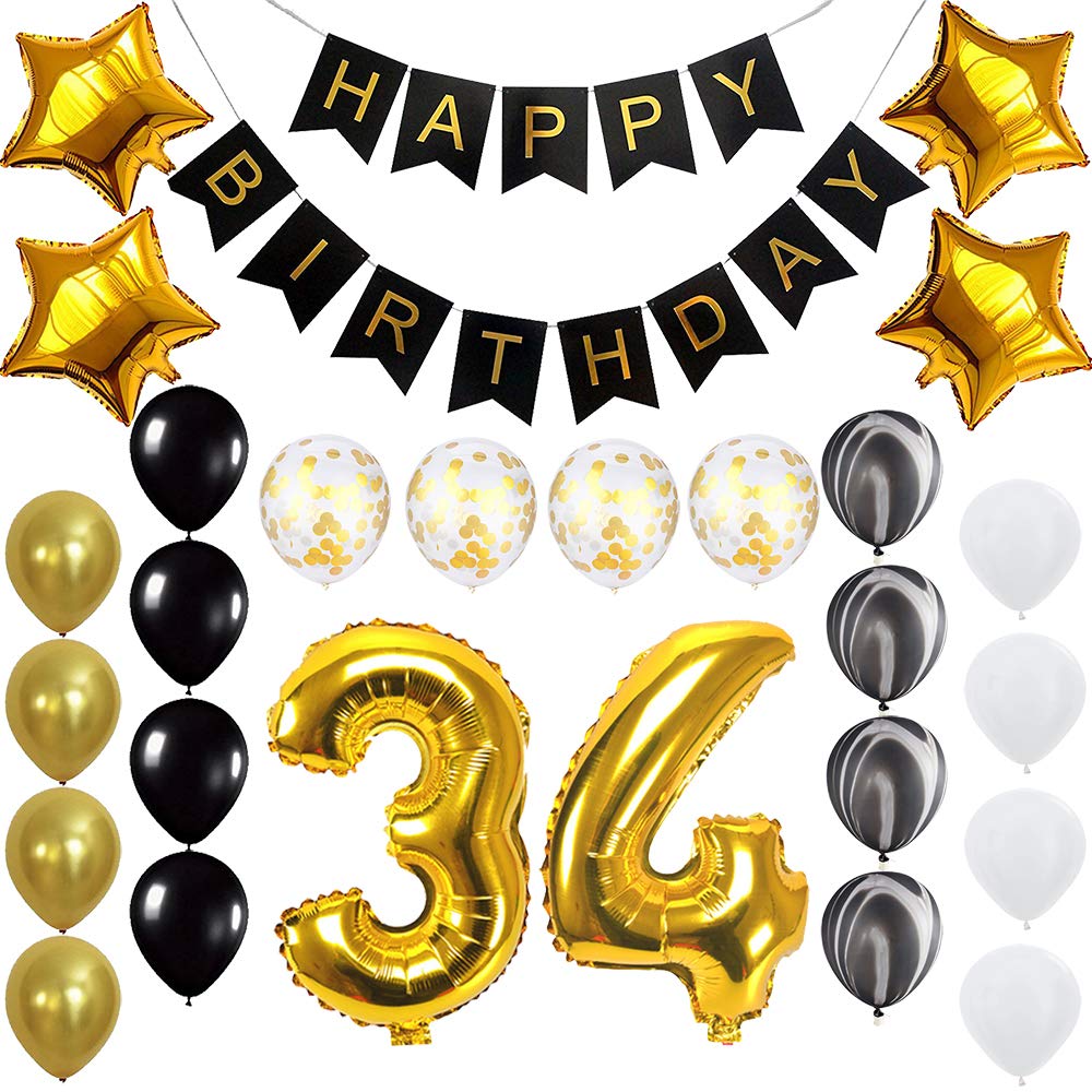 34th Birthday Banner & Balloons Set - Gold & Black Party Decorations for 34 Years Old Birthday Celebration | Perfect for Adult Birthday Parties, Milestone Celebrations & Photo Backdrops