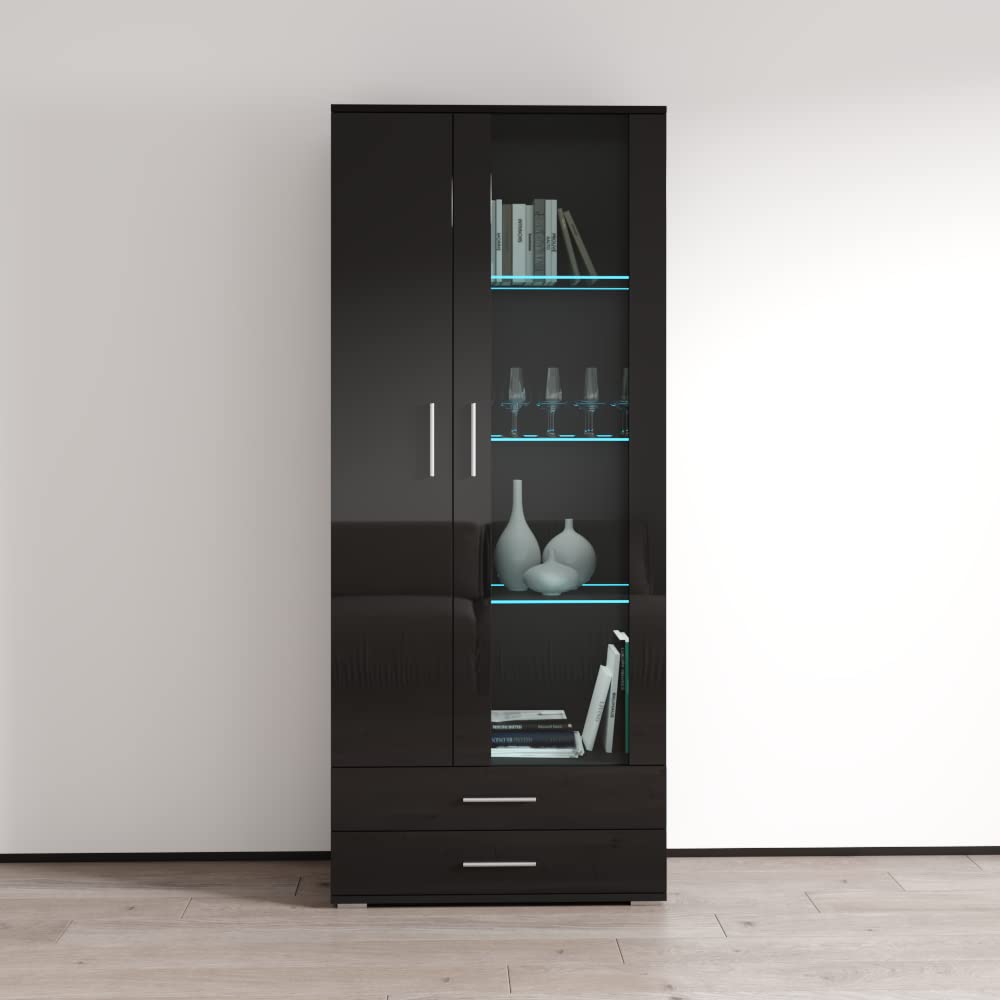 Modern Soho S6 2D2S Freestanding Bookcase - Adjustable LED Lighting Wooden Bookshelf with Mirror Cabinet - Black - Stylish Home Office & Living Room Storage Solution