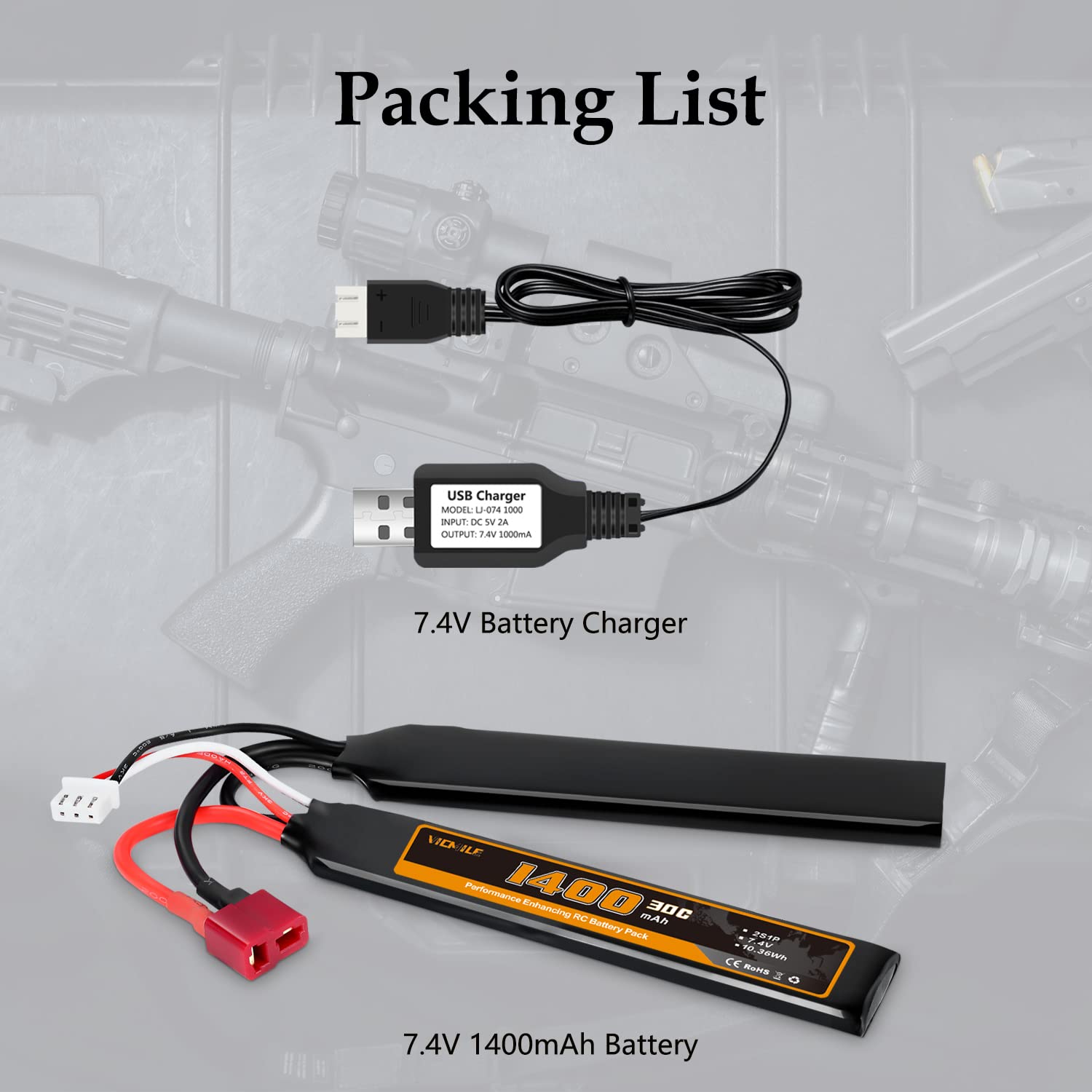 VICMILE 7.4V 1400mAh 2S Lipo Battery with Deans T Plug - 30C High Discharge Rate Rechargeable Airsoft Battery & Charger - Compatible with Airsoft Guns, RC Cars, and Drones - Perfect for Outdoor Shooting Games and RC Hobby Activities