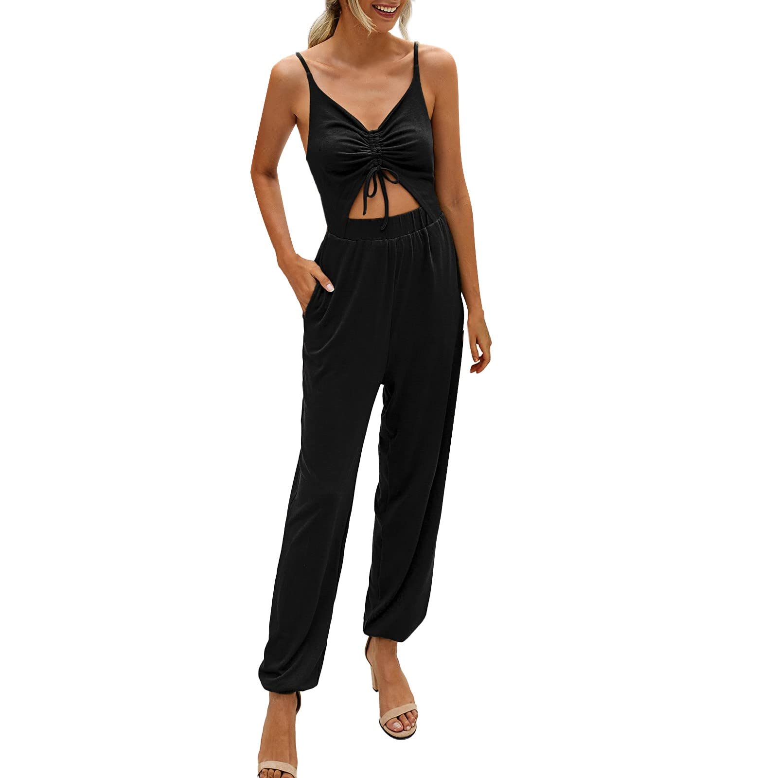 JMETRIE Women's Summer Spaghetti Strap V-Neck Cutout Smocked High Waist Jumpsuit Romper with Pockets - Casual Outfit for Beach, Vacation & Date Night