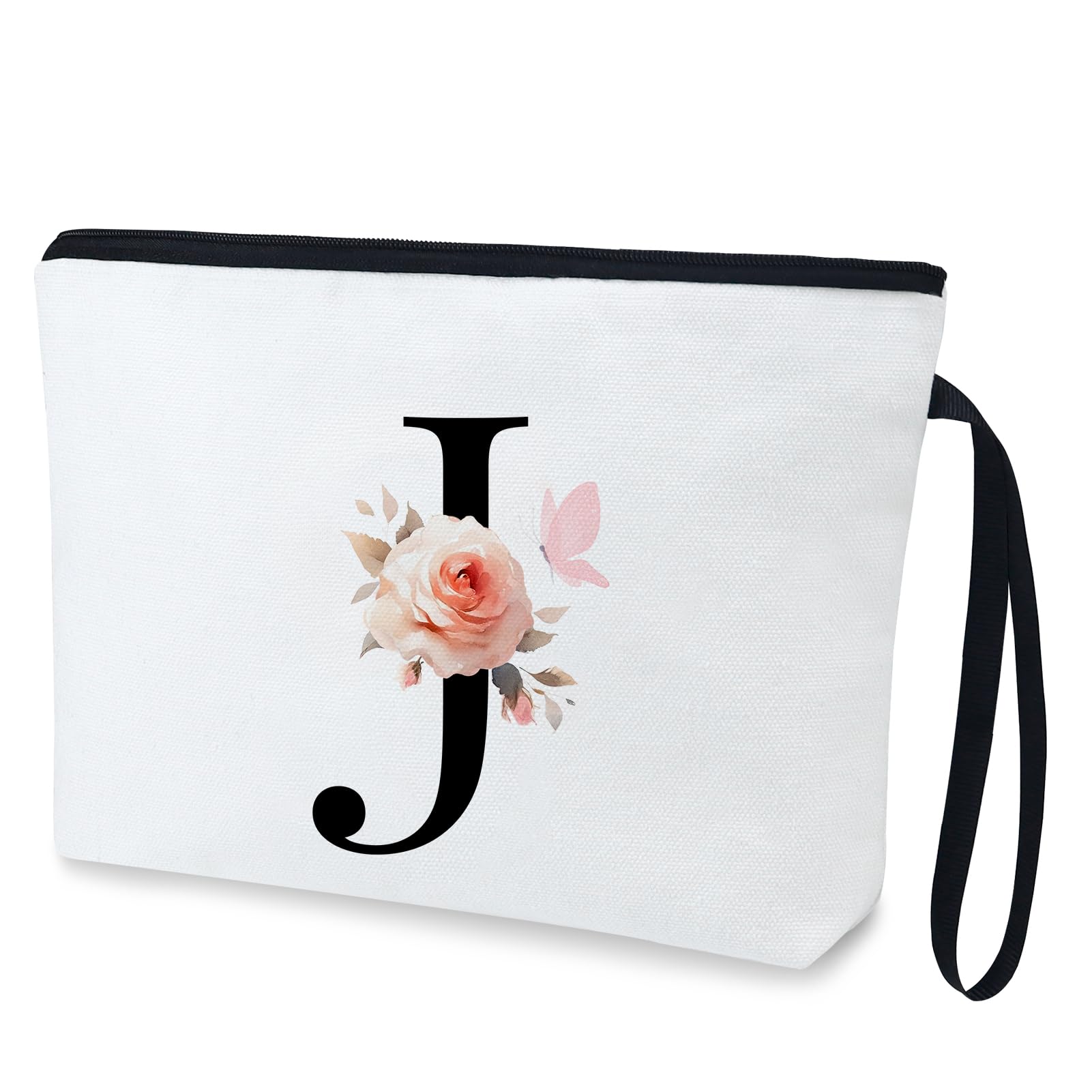 Personalized Initial Makeup Bag - 12OZ Canvas Cosmetic Pouch with Floral Butterfly Design (Letter J) | Travel Toiletry Organizer for Women, Perfect for Gym, Vacation & Daily Use