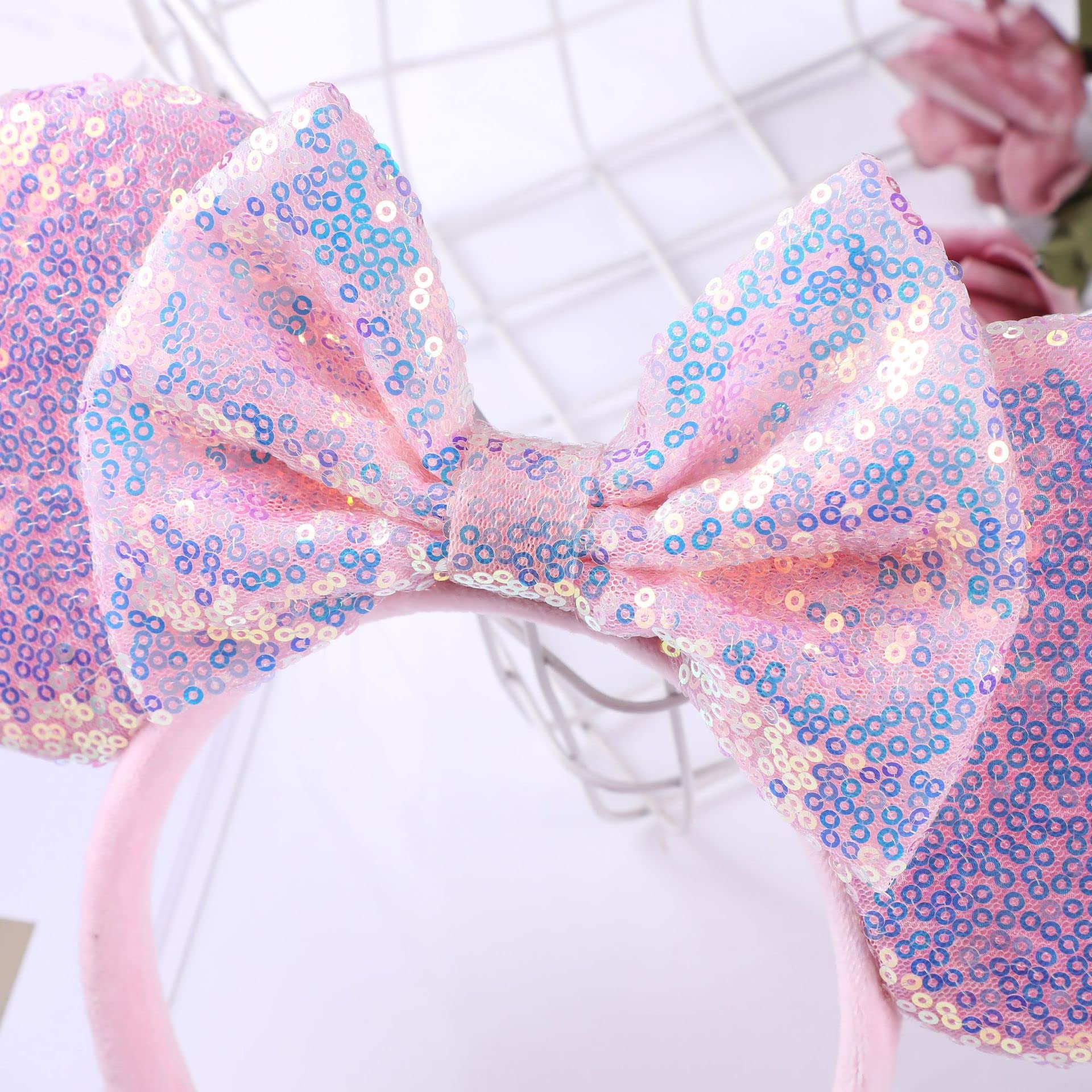 Sparkly Pink Mouse Ears Headband for Women - Glitter Sequin Bow Hairband for Disney Trips, Birthday Parties, Princess Costumes & Themed Events (One Size)