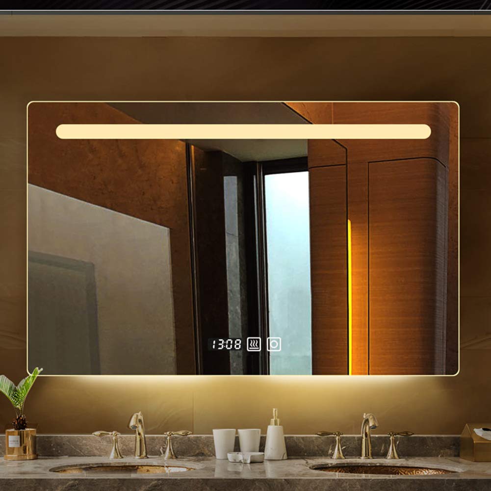 LED Illuminated Bathroom Mirror with Sensor Switch, Demister & Digital Clock - Square Wall-Mounted Vanity Mirror with White/Warm Dual Light for Makeup & Shaving - Perfect for Modern Bathrooms, Bedrooms and Dressing Rooms