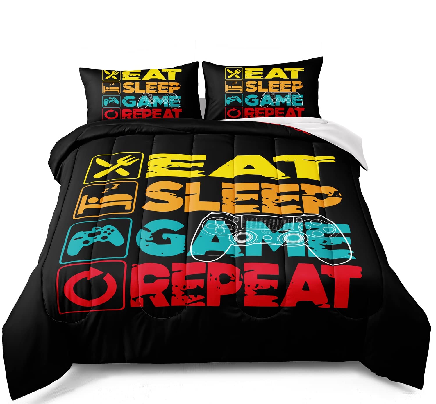 BDUCOK Gaming Bedding Set for Boys & Adults - King Size Video Game Comforter with 2 Pillowcases - Gamer Room Decor for Teens & Kids - Perfect for Gaming Rooms, Bedrooms & Dorm Rooms