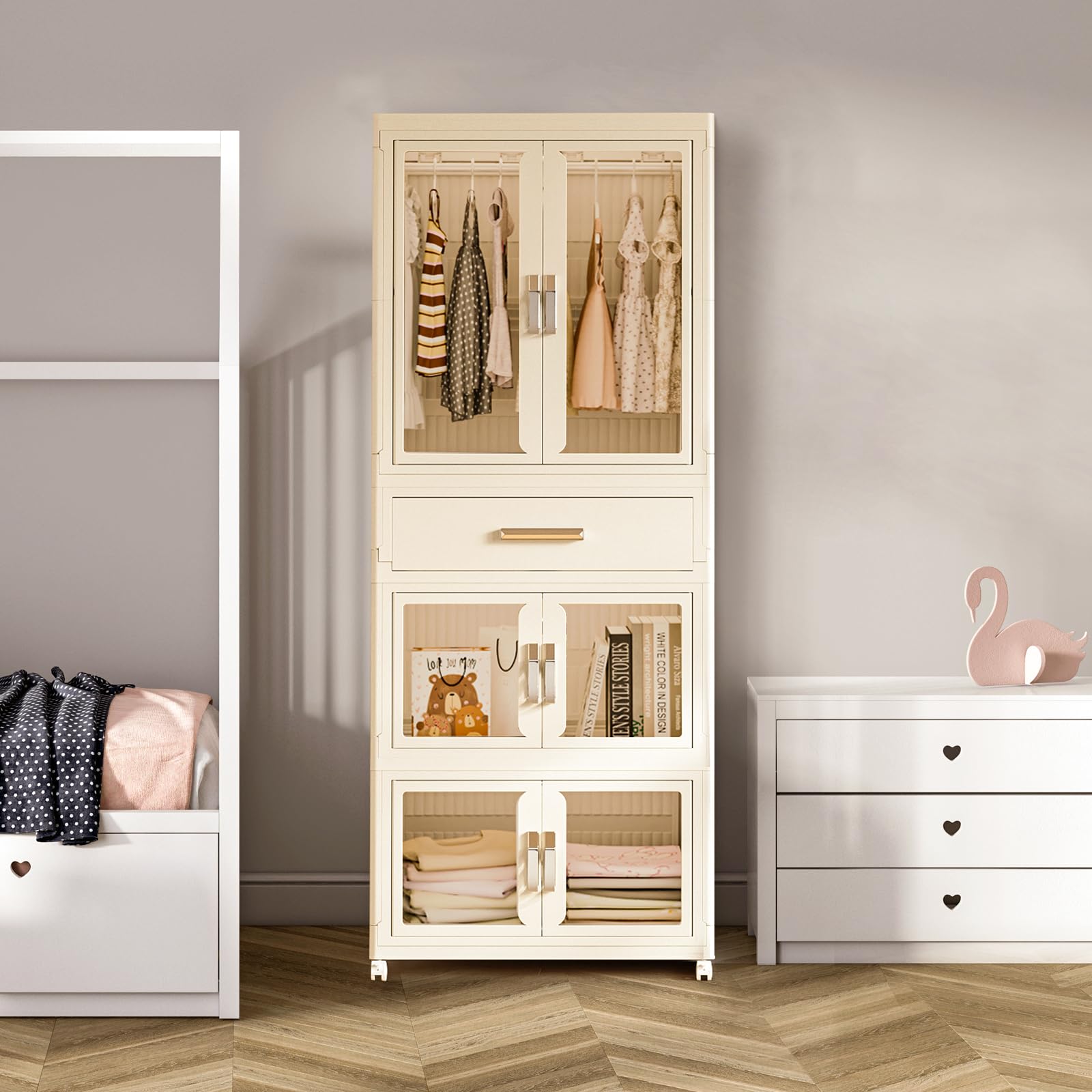 Portable Kids Closet with Drawers & Doors - Large Collapsible Wardrobe for Children & Adults, Baby Clothes Storage Organizer, Dress Up Cabinet with Hanging Rod | Perfect for Nursery, Bedroom, Playroom & Costume Storage