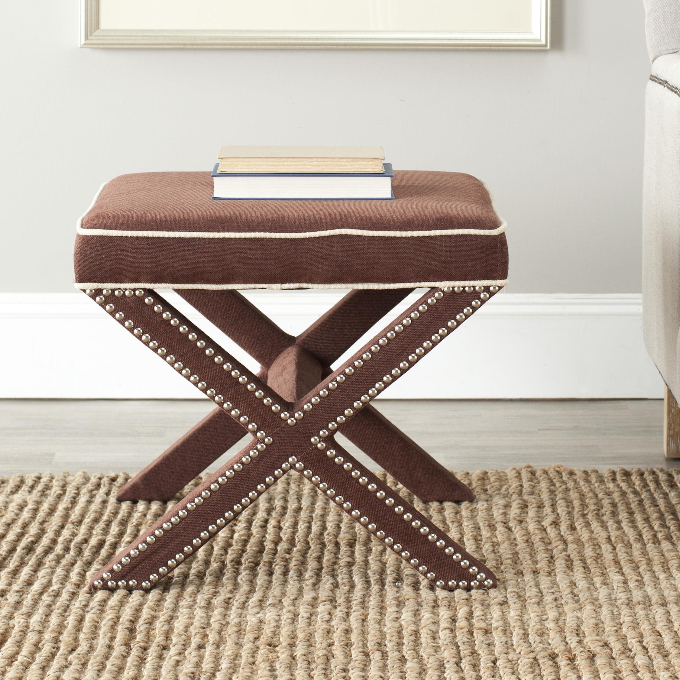 Safavieh Palmer Chocolate Brown X-Bench Ottoman with Silver Nailhead Trim - Stylish Footrest & Extra Seating for Living Room, Bedroom or Entryway