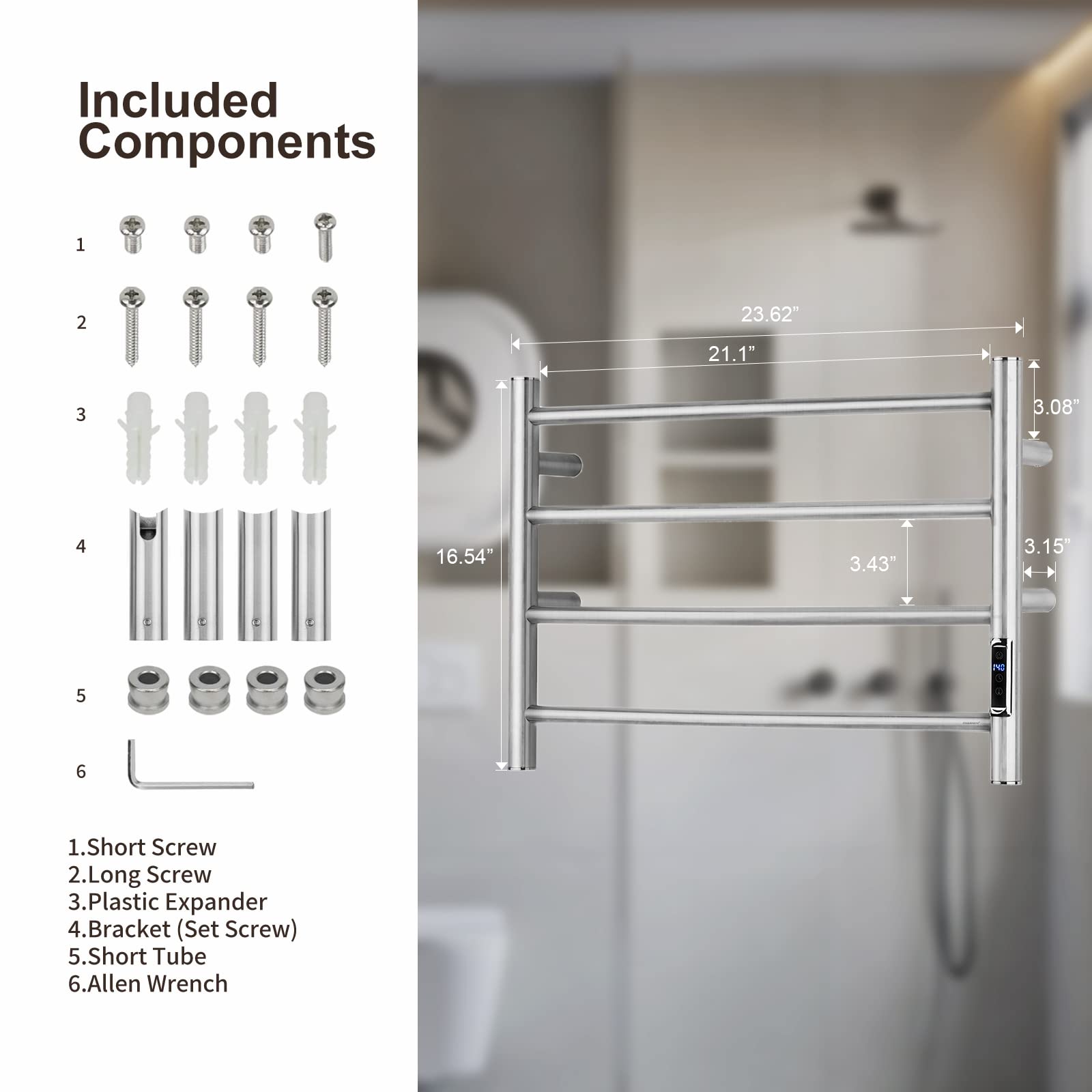ETW29 Electric Towel Warmer with Timer - Brushed Stainless Steel Wall Mounted Bathroom Heated Towel Rack - Perfect for Spa, Luxury Bathrooms & Cold Weather Comfort