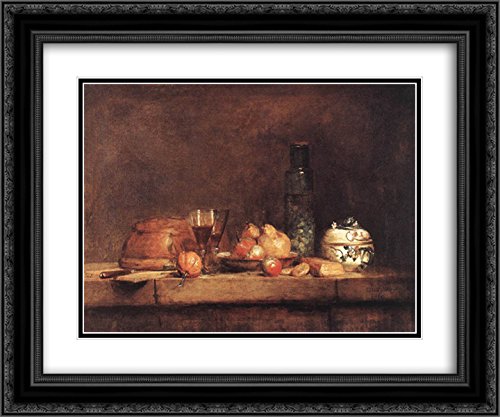 Still Life with Jar of Olives - 24x20 Black Ornate Framed Art Print by Jean Baptiste Simeon Chardin | Double Matted Museum Quality | Classic Oil Painting Reproduction for Living Room, Dining Room, or Office Decor