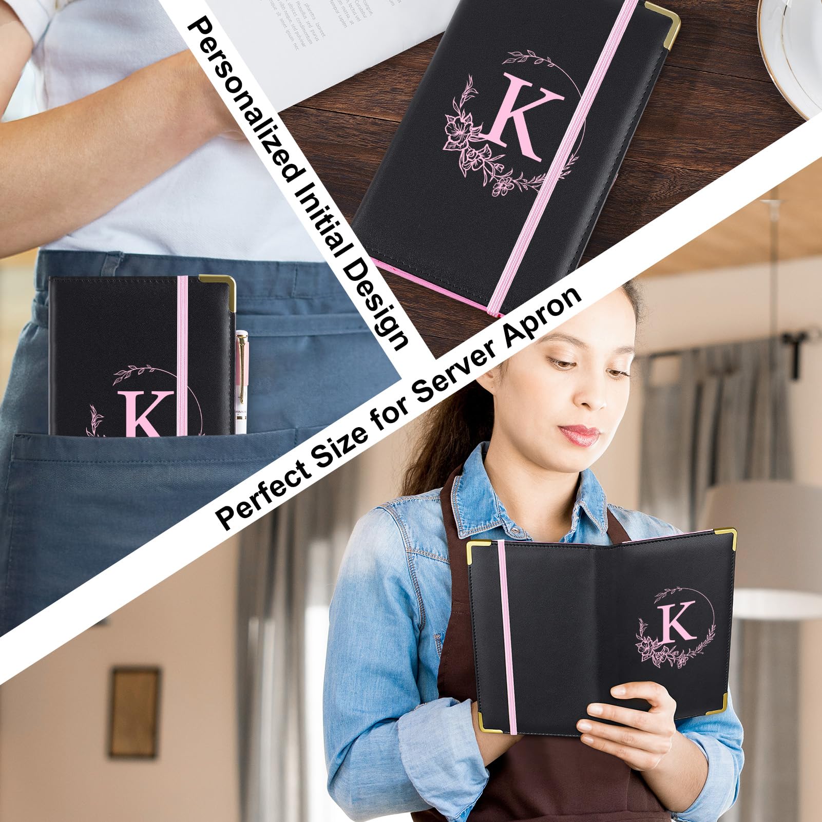 Professional Alphabet Server Book for Waitresses - PU Leather Waiter Book with Zipper Pocket, Cute Serving Notebook Fits Server Apron - Perfect Waitress Accessories for Restaurant, Cafe & Bar Service