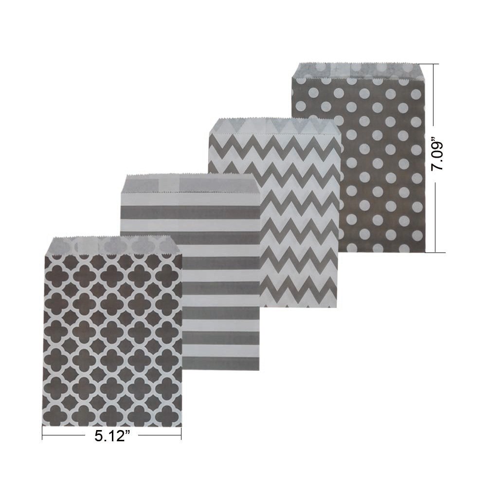 Eco-Friendly Biodegradable Paper Candy Cookie Bags | Food Safe Party Favor Bags | 100 Count, 4 Assorted Designs (Grey) | Perfect for Birthday Parties, Baby Showers & Wedding Favors