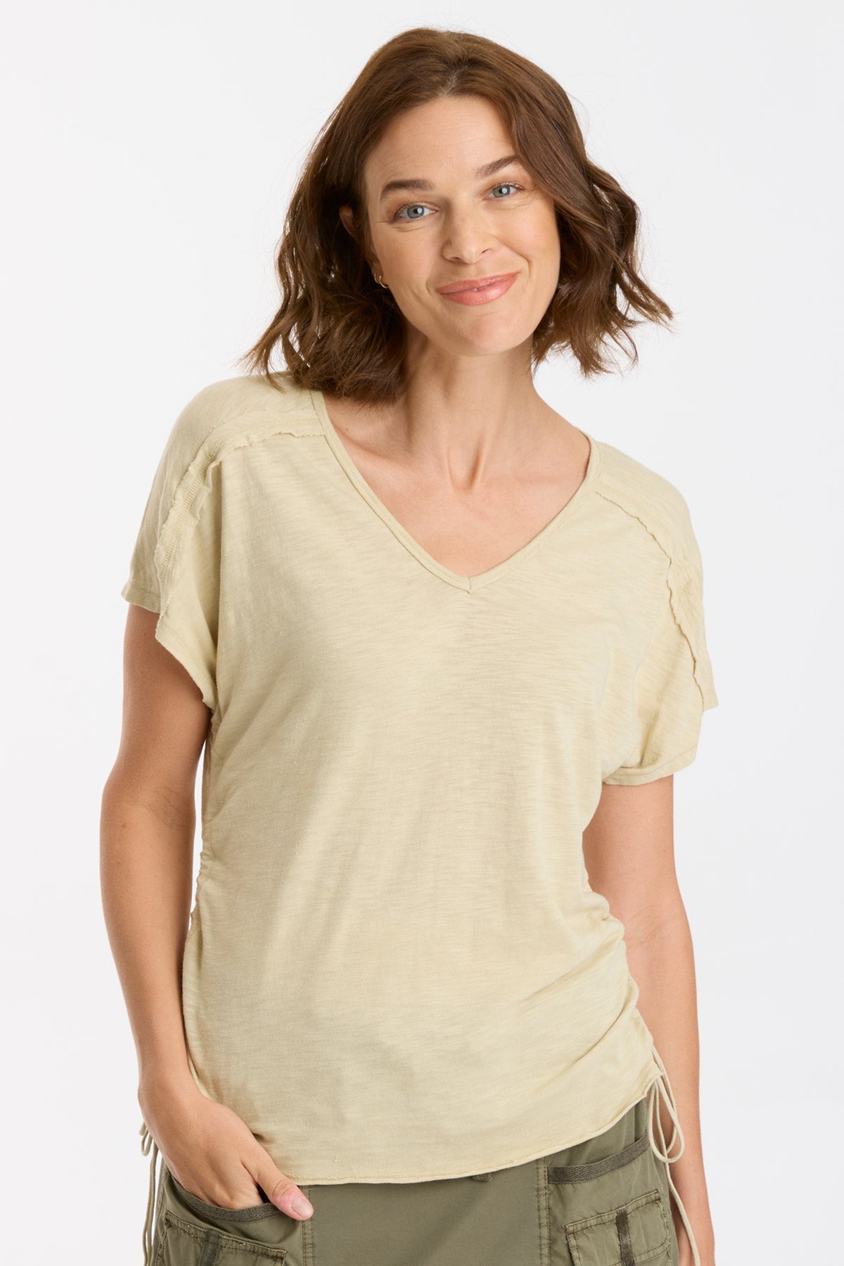 Diggory Cinched Cord V-Neck Jersey Tee for Women - Soft Stretchy Casual T-Shirt for Everyday Wear | Perfect for Layering, Work, and Weekend Outfits