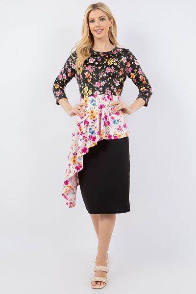 Celeste Floral Print Asymmetrical Hem Round Neck Blouse - Women's Fashion Tops for Casual Outings & Date Nights