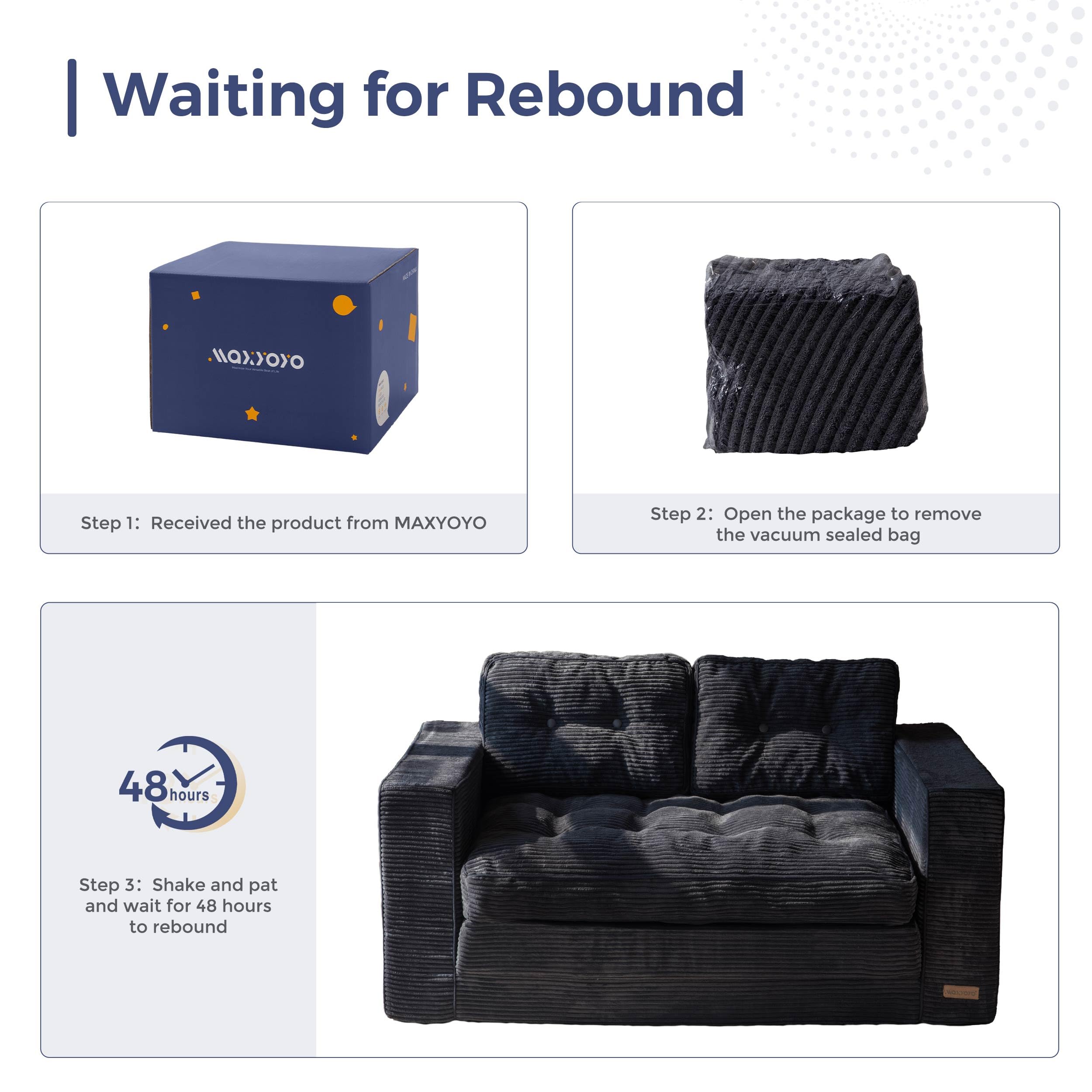 MAXYOYO Convertible Sofa Bed - Corduroy Floor Sofa with Pillows in Black | Multi-Functional Guest Bed & Lounge Chair for Small Spaces, Living Room & Studio Apartments
