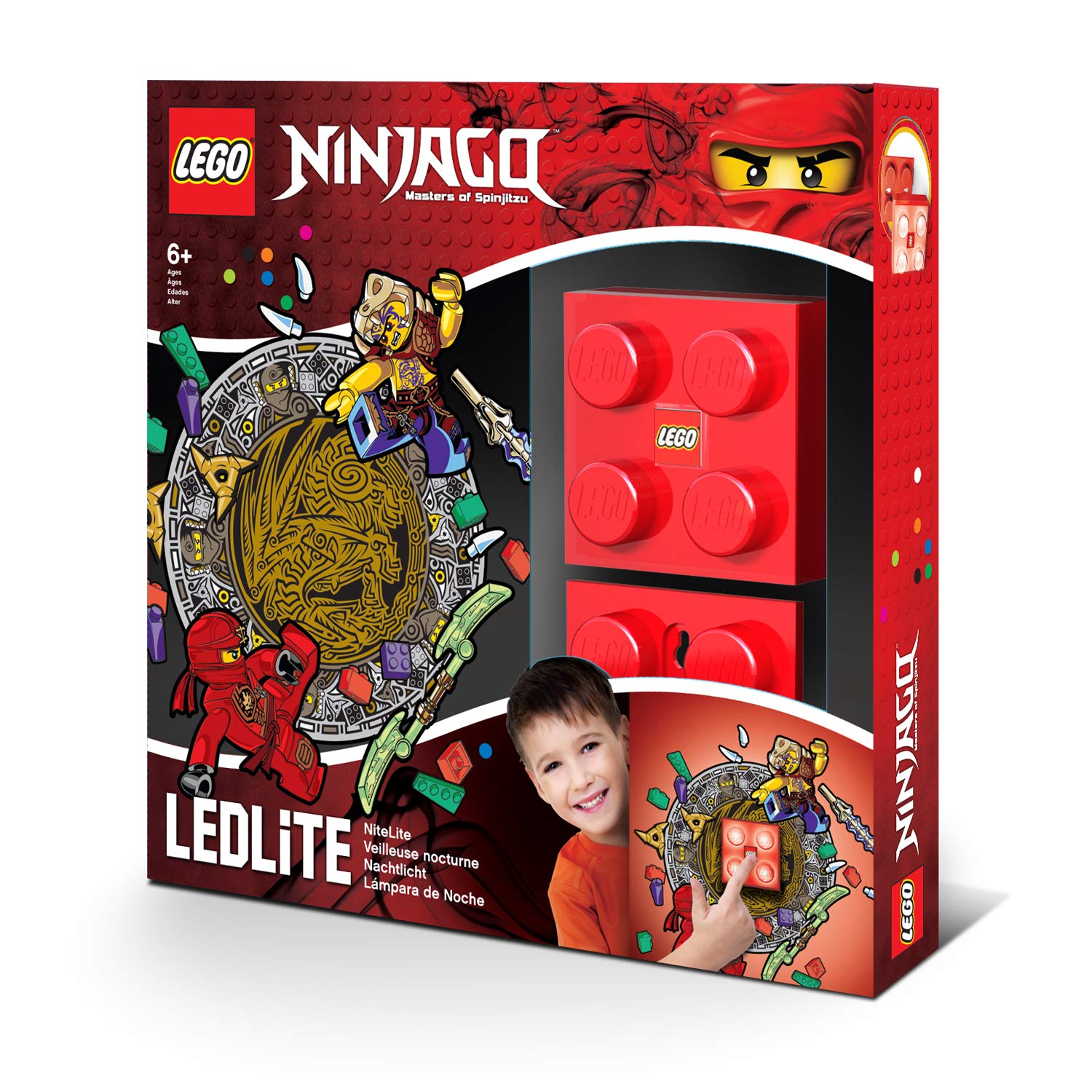 IQ Lego Ninjago Red LED Night Light with Kai Wall Decals - Cool Kids Room Decor for Bedroom, Nursery & Playroom - Perfect Gift for Ninjago Fans