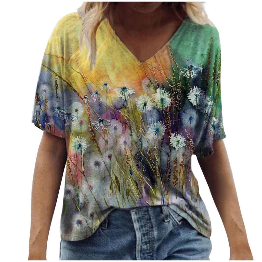 Women's Summer V-Neck Graphic Tees - Casual Short Sleeve Loose Fit Floral Print T-Shirt | Trendy Going Out Top for Beach, Party & Everyday Wear