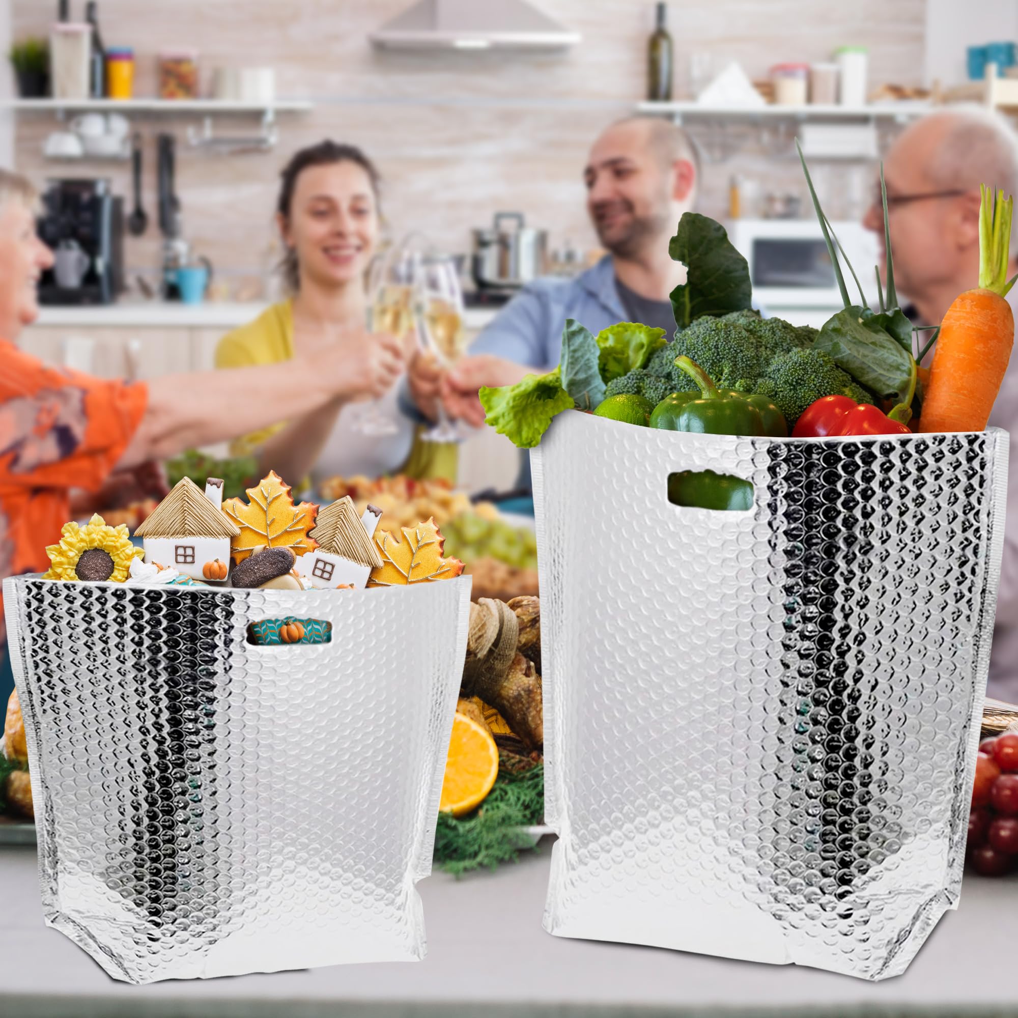 APQ Insulated Foil Bags with Handles - 11x8.5x5.5 Inches, 50 Pack Thermal Shipping Bags for Frozen Food, Cosmetics & Perishables | Bubble Cushion Lined, Metallized Foil Insulation | Perfect for Meal Prep, Grocery Delivery & Cold Storage