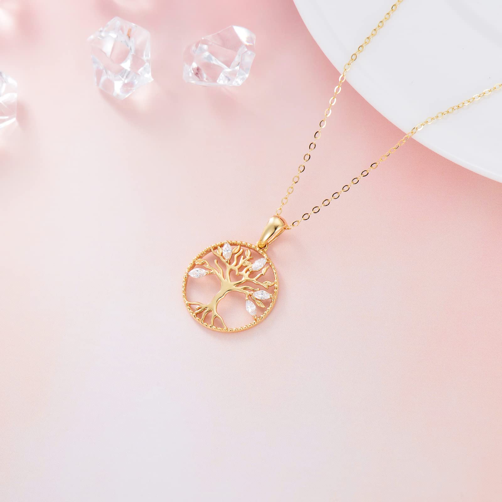 14K Solid Gold Tree of Life Necklace for Women - Elegant Family Tree Pendant with Heart Charm - Adjustable 16