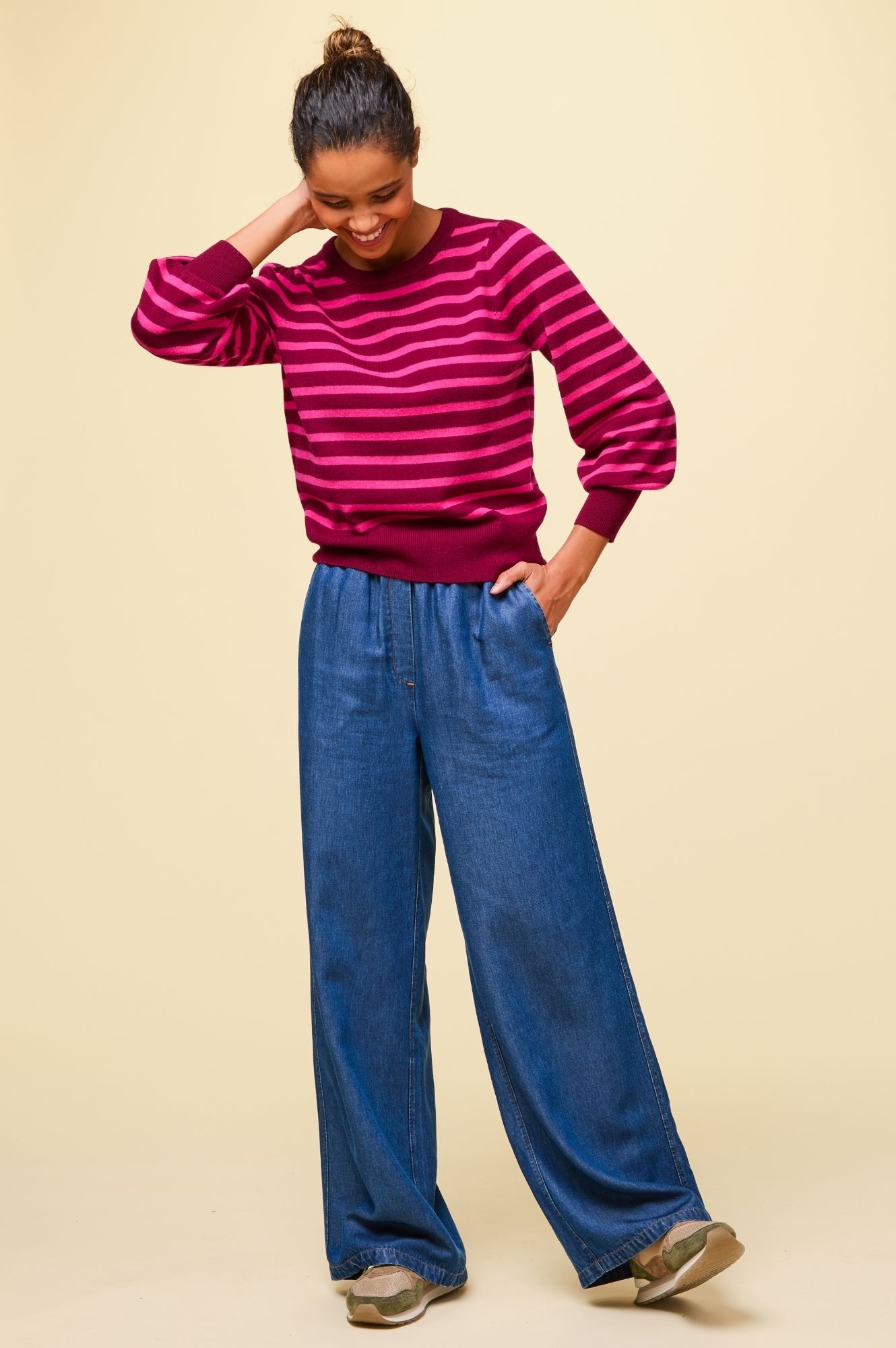 Premium Merino Wool Striped Crew Neck Sweater for Women - Wine & Pink Colors | Cozy Winter Wear, Casual Outfits, Office Attire