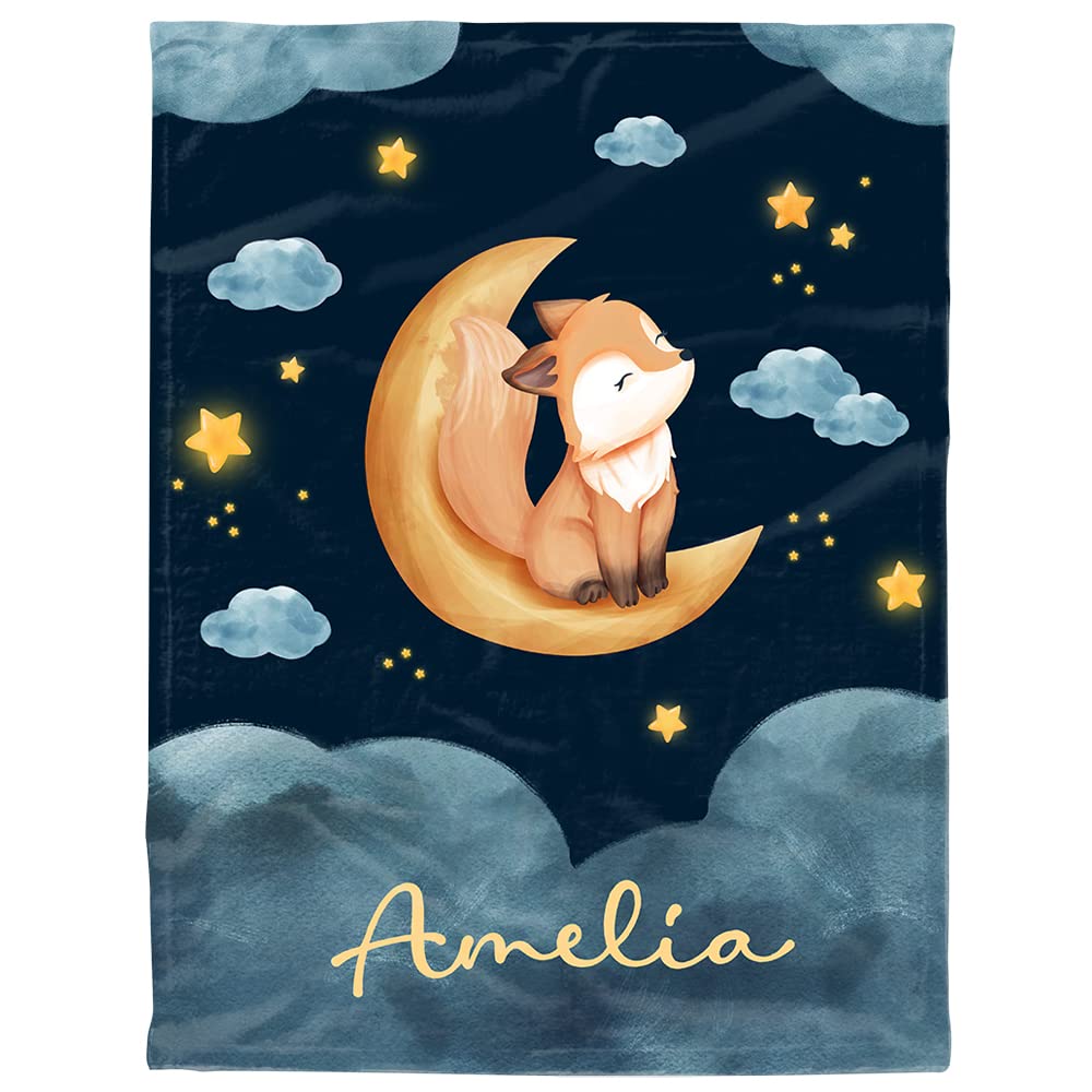 Personalized Moon Fox Baby Blanket with Name - Custom Animal Throw Blanket for Boys & Kids (120