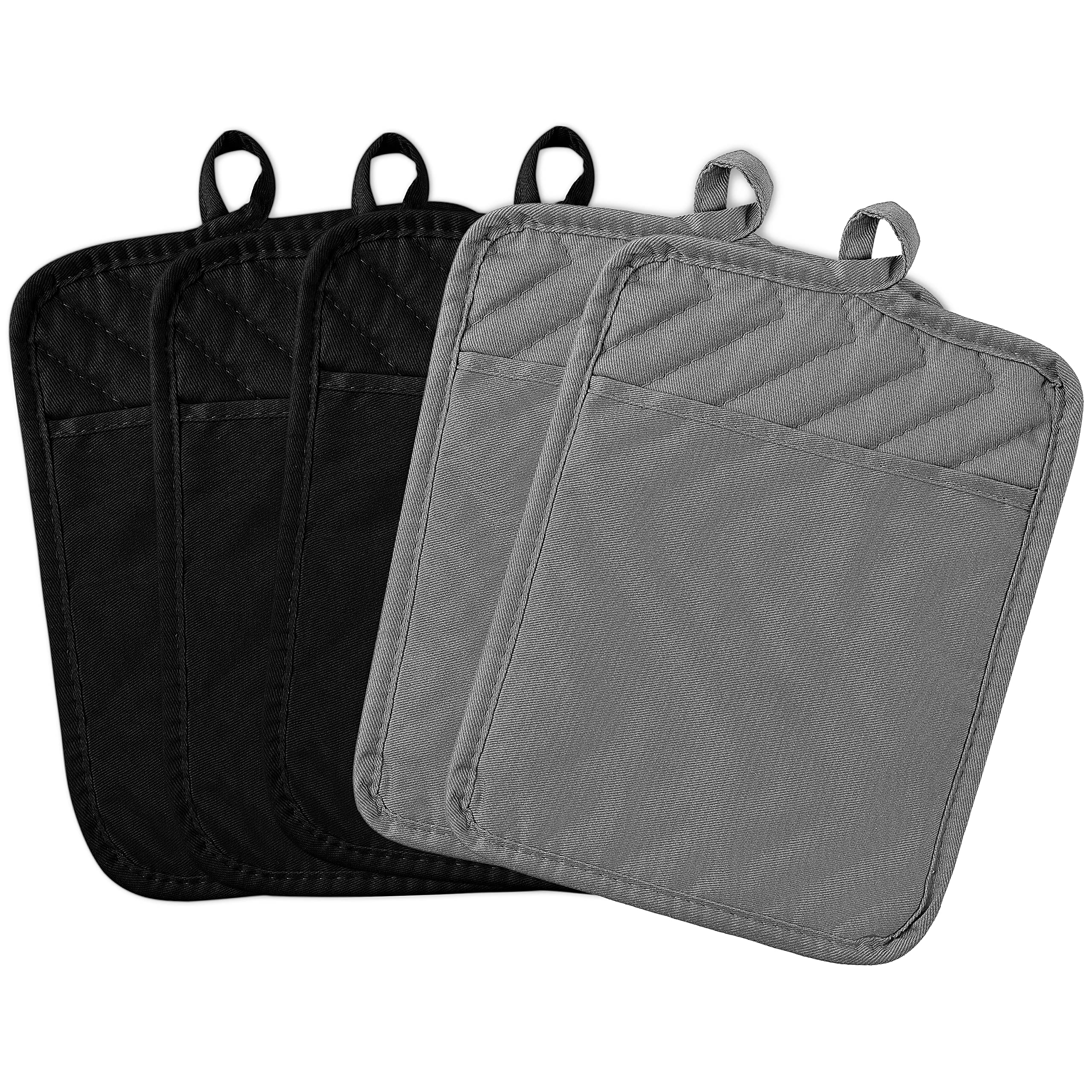 GROBRO7 5-Pack Heat Resistant Cotton Pot Holders - 8.9 x 6.9 Inch Oven Mitts with Pocket for Baking, Cooking & Grilling - Machine Washable Kitchen Hot Pads (Gray & Black) - Perfect for BBQ, Baking Cookies & Handling Hot Dishes