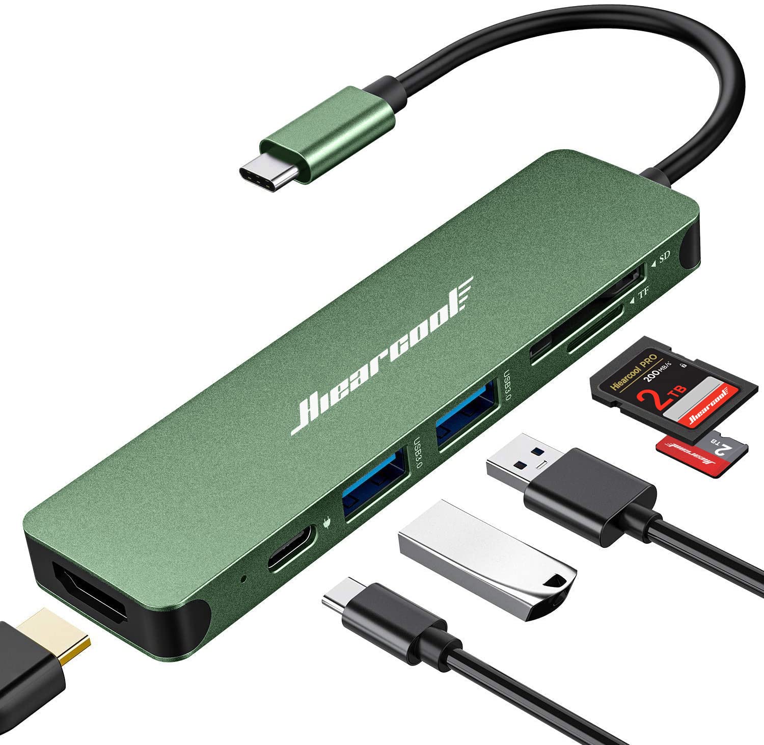 Hiearcool 7-in-1 USB C Hub with HDMI, USB-C Adapter Dongle - Thunderbolt 3/4 Compatible for MacBook Pro/Air, Dell, Lenovo, HP & Type-C Laptops (Green) - Perfect for Home Office, Remote Work & Multi-Screen Setup