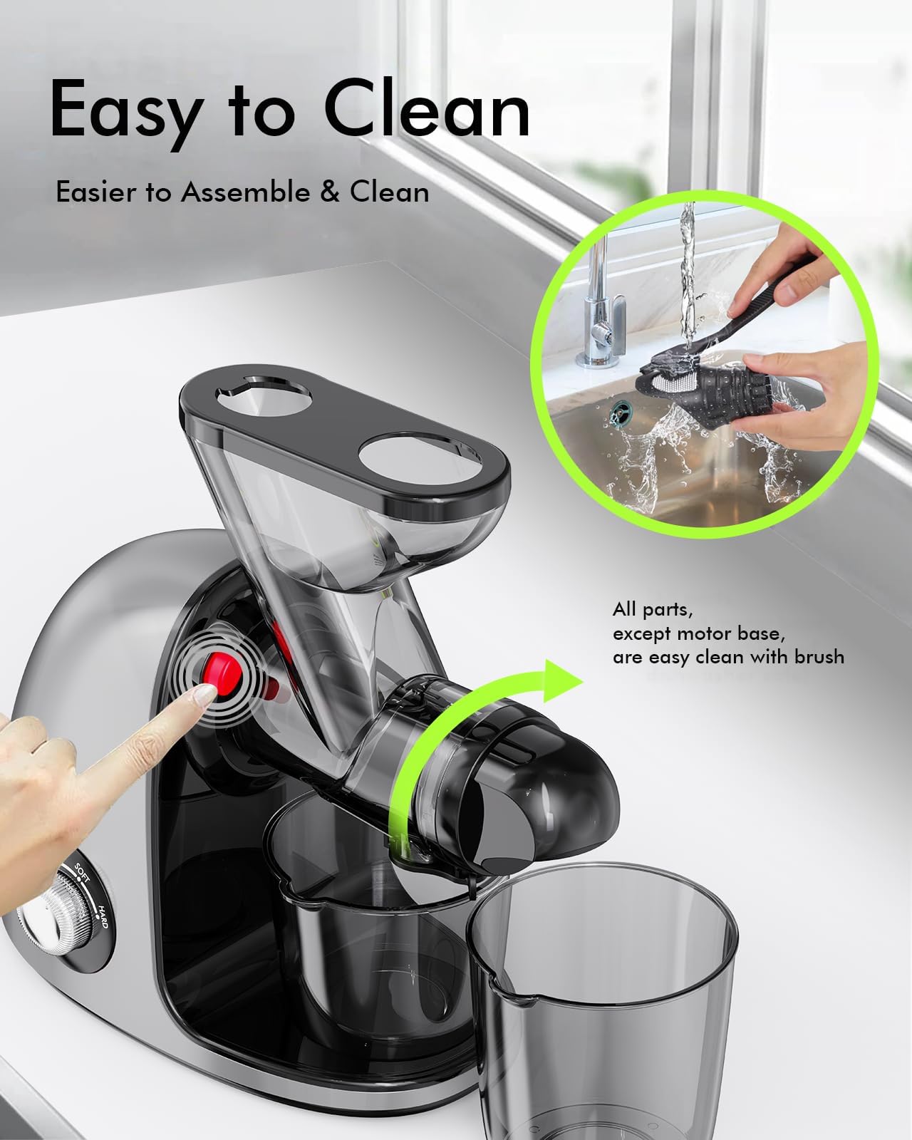 SiFENE Slow Masticating Juicer - Cold Press Fruit & Vegetable Juicer with Dual Mouth, High Juice Yield, Quiet Motor & Anti-Clog System, Easy to Clean, BPA-Free (Gray) - Perfect for Healthy Juicing at Home, Office, or Gym
