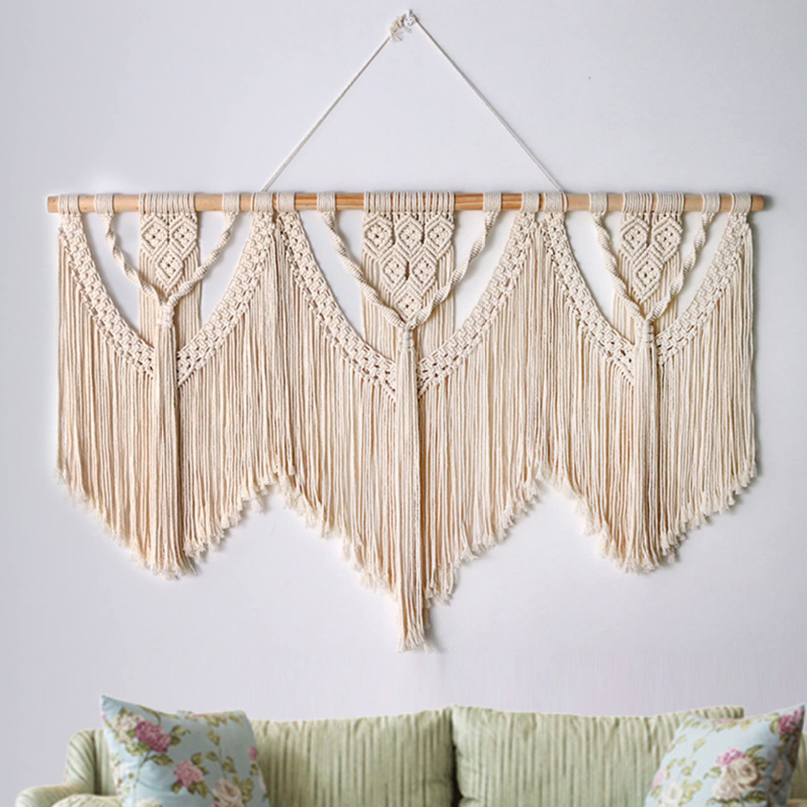 FONSMAY Large Macrame Wall Hanging with Wooden Stick - Handwoven Boho Tapestry with Tassels for Wedding Backdrop, Living Room Decor & Bedroom Wall Art