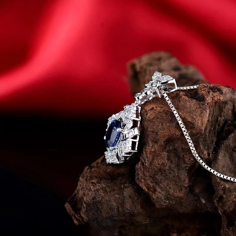 18K White Gold Blue Sapphire Pendant Necklace for Women - Real Natural Sapphire & Diamond Jewelry Gift for Anniversary, Birthday & Special Occasions