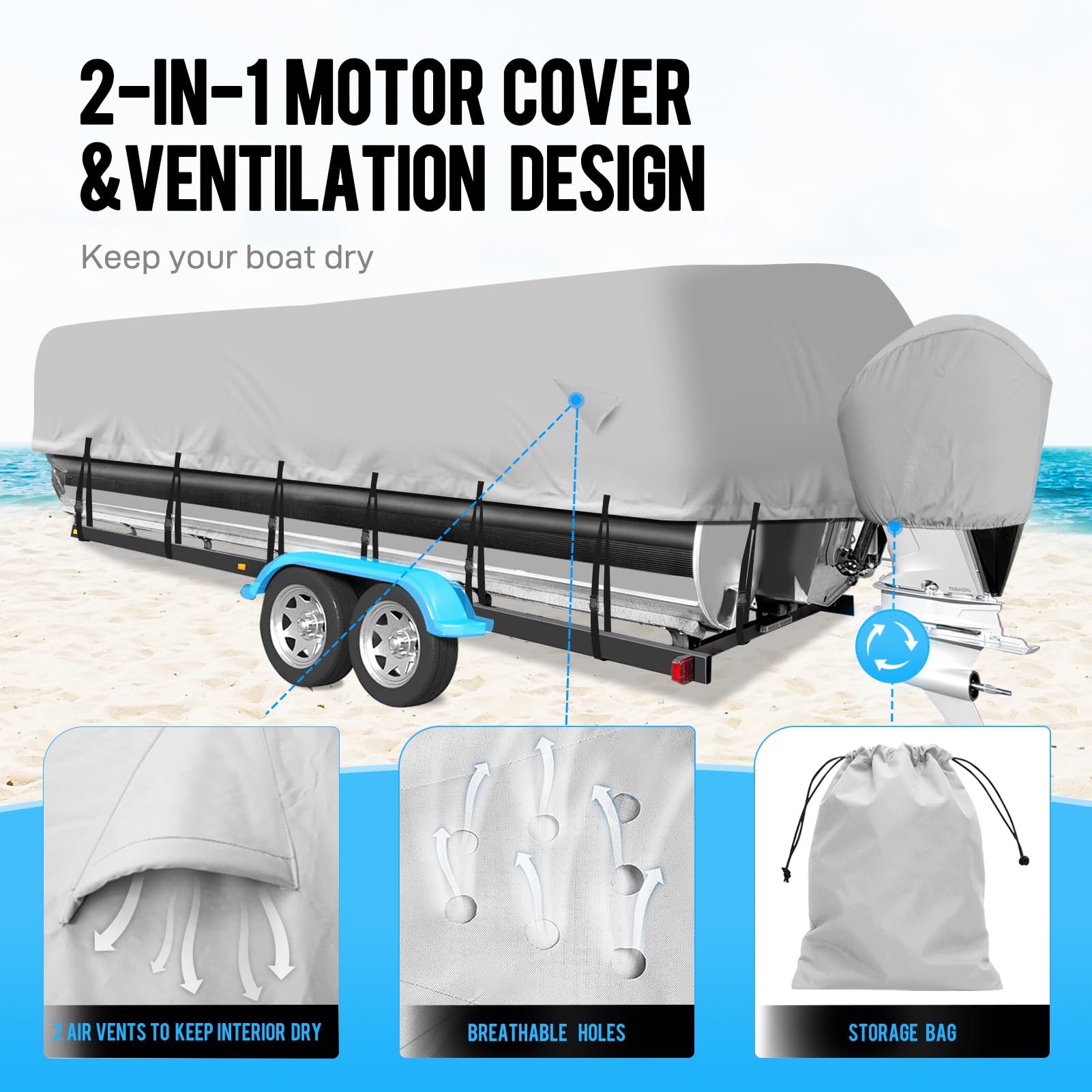 900D Waterproof Pontoon Boat Cover with Motor Cover - Heavy Duty Marine Grade Canvas for 17-20 FT Deck Boats (Gray) - Perfect for Outdoor Storage & Winter Protection