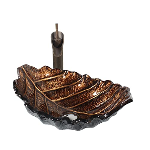 LEFEDA Modern Leaf-Shaped Tempered Glass Vessel Bathroom Sink with Copper Faucet - Above Counter Wash Basin with Drain Set - Perfect for Spa, Guest Bathroom and Luxury Home Decor