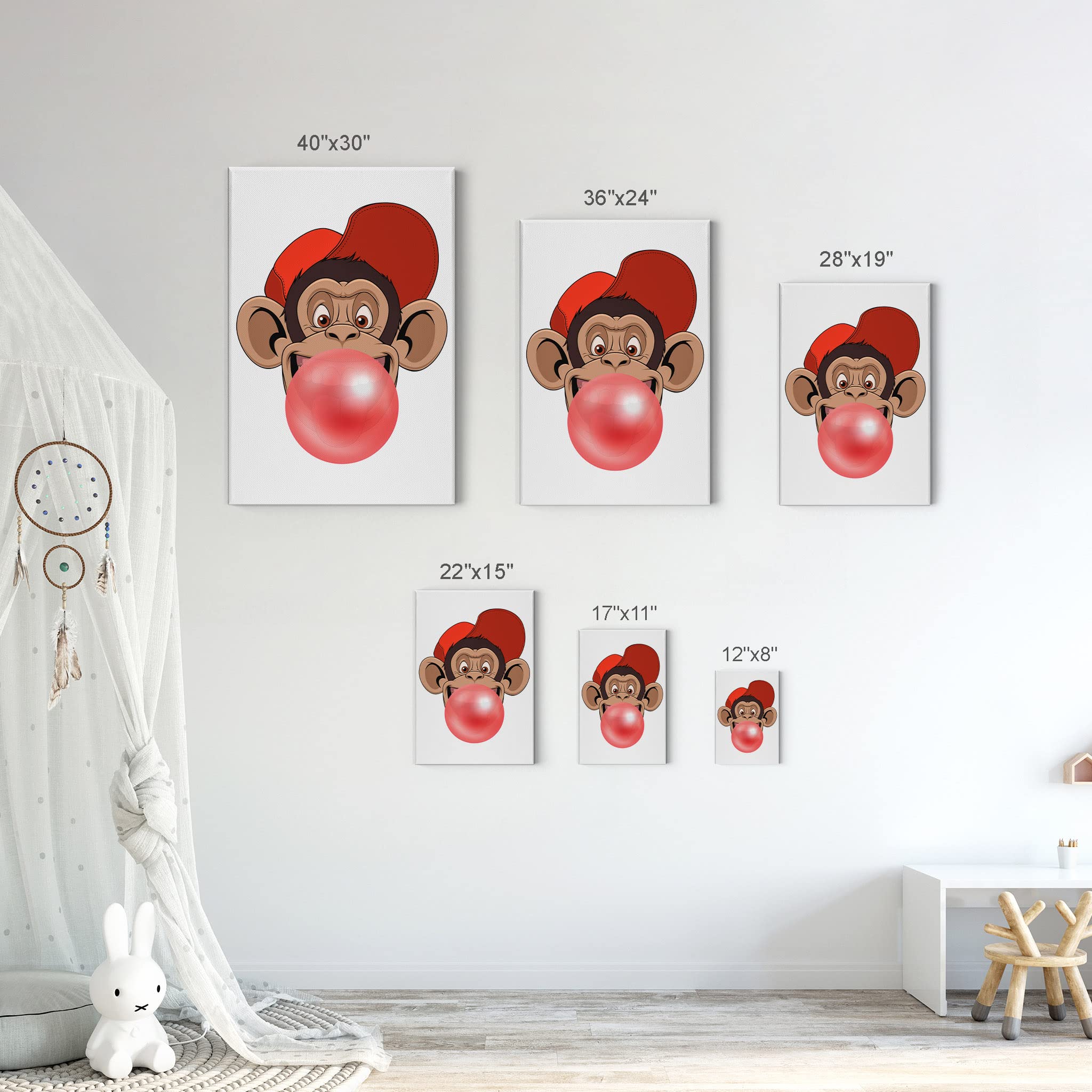 Funny Monkeys Bubble Gum Canvas Art Print Set - 2 Panel Animal Wall Decor for Nursery, Kids Room, Boy or Girl - Ready to Hang, Made in USA (22x15) - Perfect for Playrooms, Children's Bedrooms & Birthday Gifts