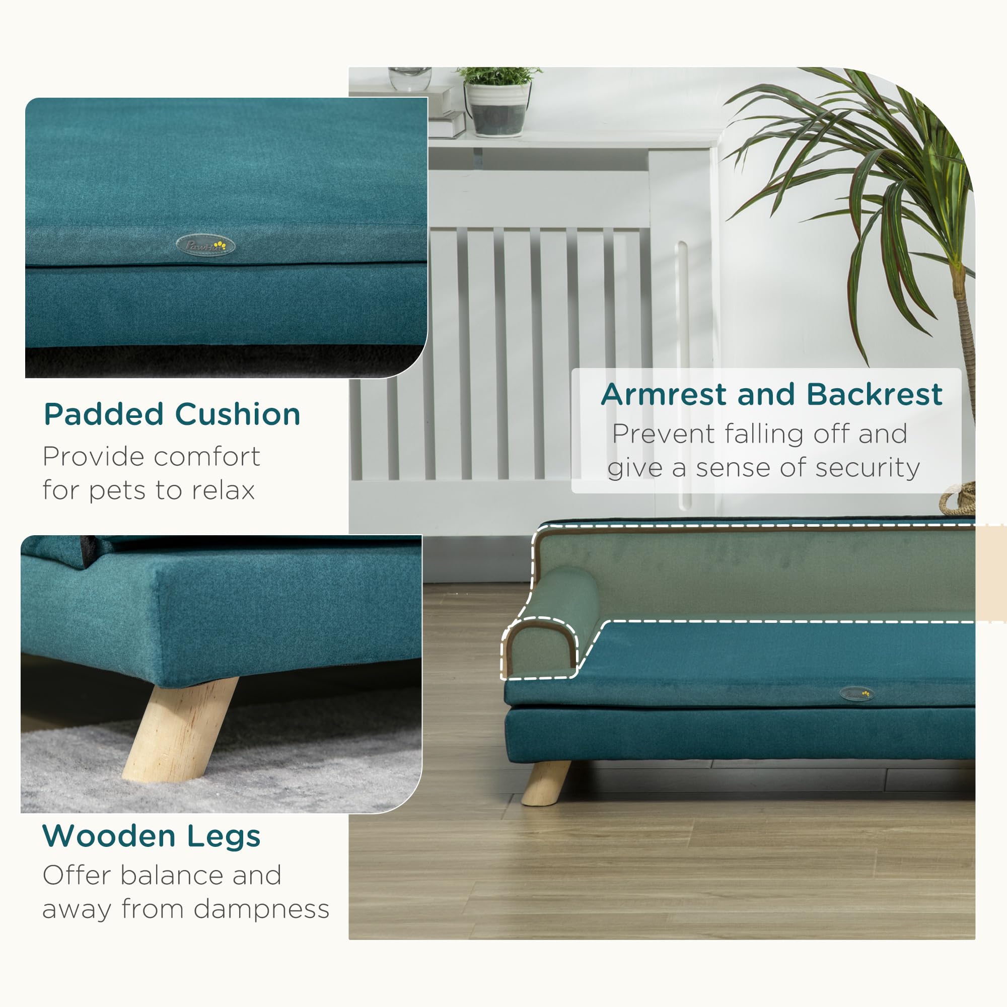 PawHut Large Dog Sofa Bed with Washable Cover & Wooden Legs - Elevated Foam Pet Couch for Medium & Large Dogs - Teal Color - Perfect for Living Room, Bedroom & Pet-Friendly Spaces